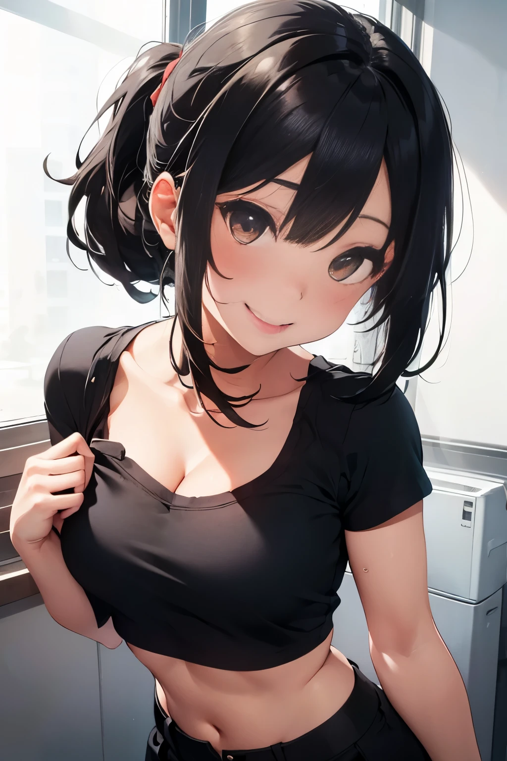 Amazing portrait of a sexy woman wearing her luscious black hair in a ponytail, seductively gazing and smiling, soft lips, parted, blushing intensely, smiling, black crop top, black cargo pants, black short shirt, medium chest, cleavage, perfect body