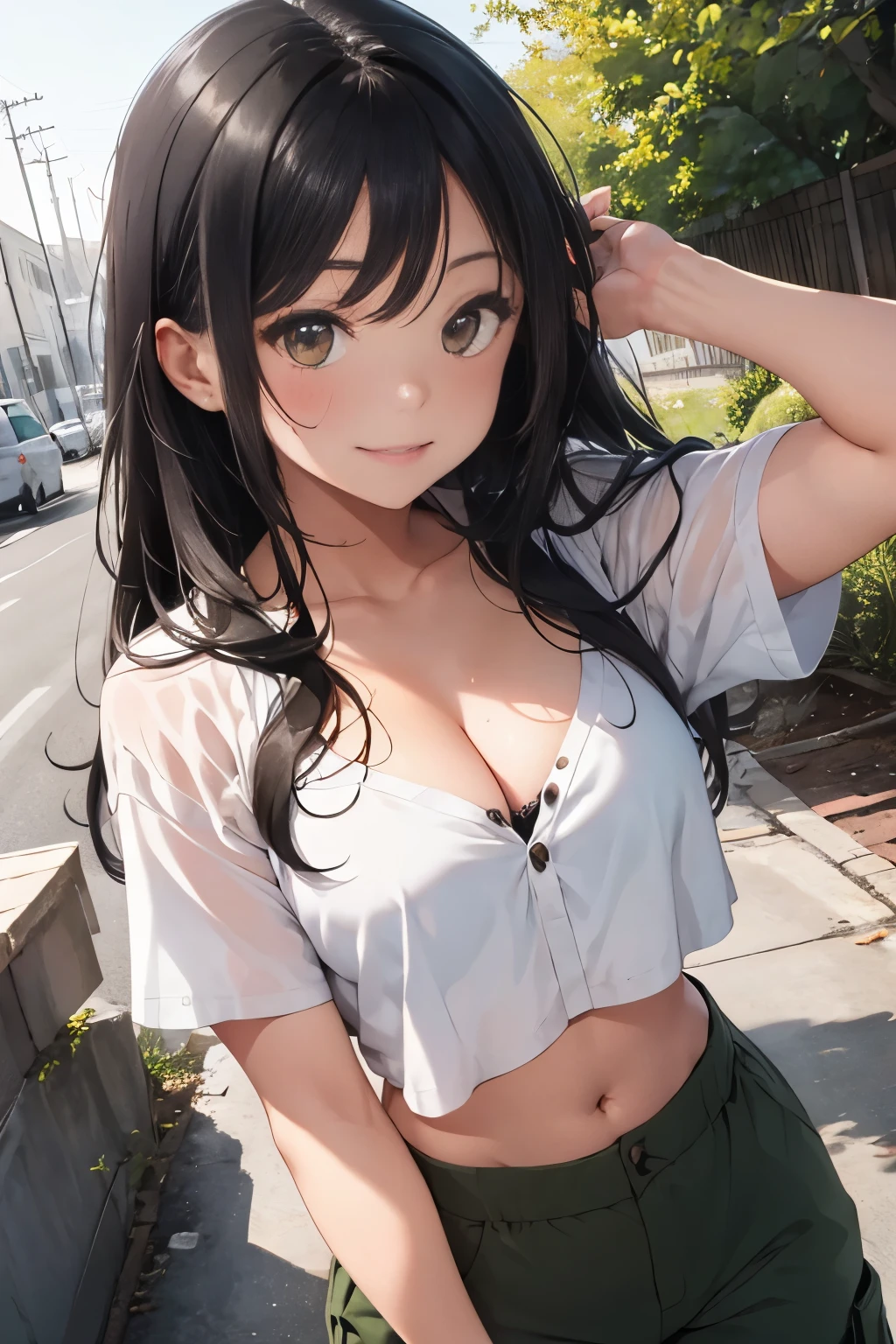 masterpiece, Highest quality, Super detailed, figure, (Realistic:1.3),cute, girl, alone, Black Hair, Fairy, Blunt bangs, ,(Slim body:1.3),(Narrow waist:1.3), (Wide open chest:1.5),(Large Breasts:1.3),Tube top dress, (Fluffy ultra mini skirt:1.4),smile, Open grassland、flower, spring,blue sky,Low angle shot,
