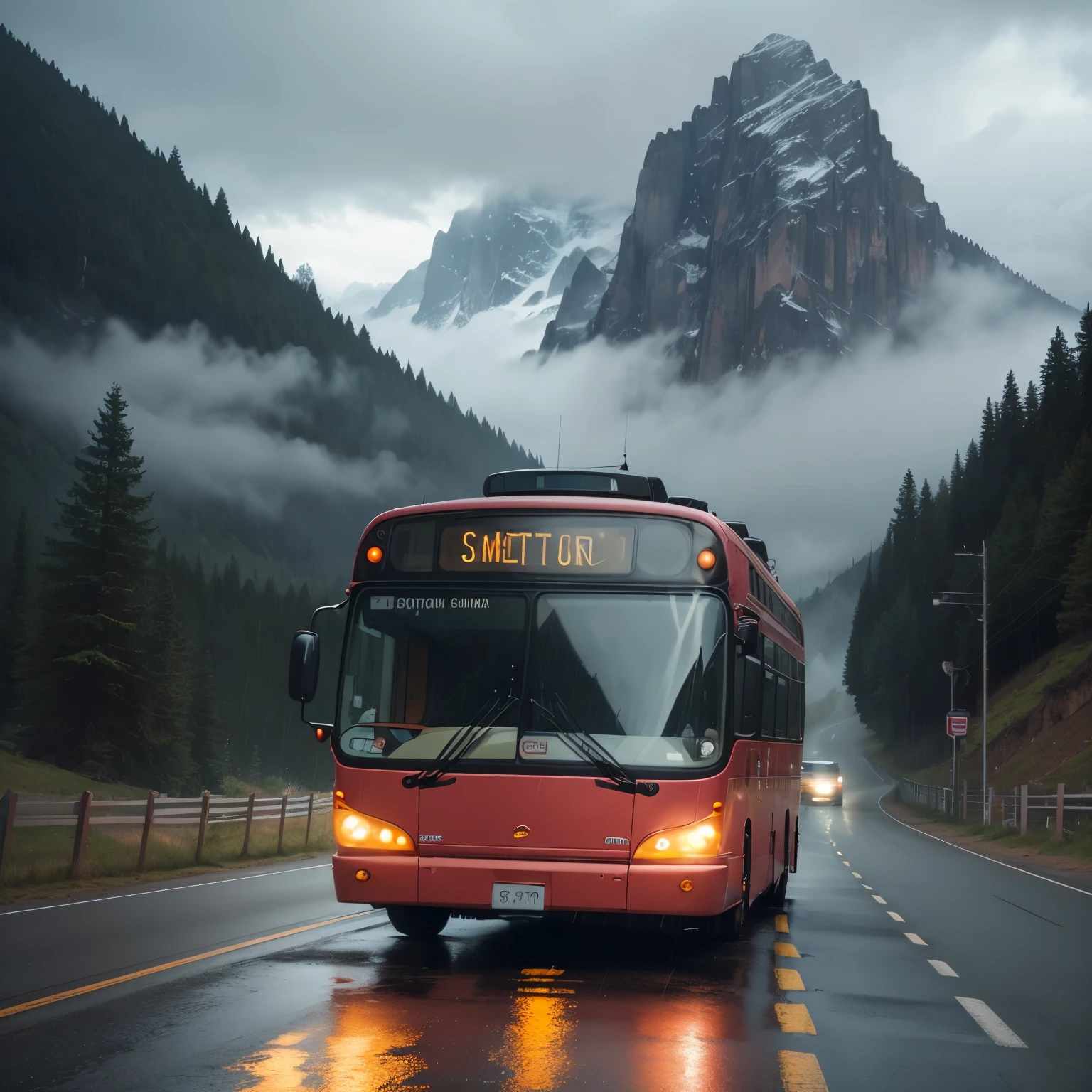 (((Capture a vivid and atmospheric image))) of a bus journeying west on curvy, rainy mountain roads. The windshield should be flashing pink, with the pink hues glancing off the metallic surface, creating a mesmerizing effect. The bus should have a dented flank of blue, beat-up enamel, showcasing its character and history. To enhance the sense of motion and dynamism, incorporate a subtle motion blur effect, capturing the bus as it navigates the winding roads. The rainy weather should add an additional layer of atmosphere and mood to the image. The overall composition should evoke a sense of adventure and anticipation as the bus ventures through the captivating mountain landscape.