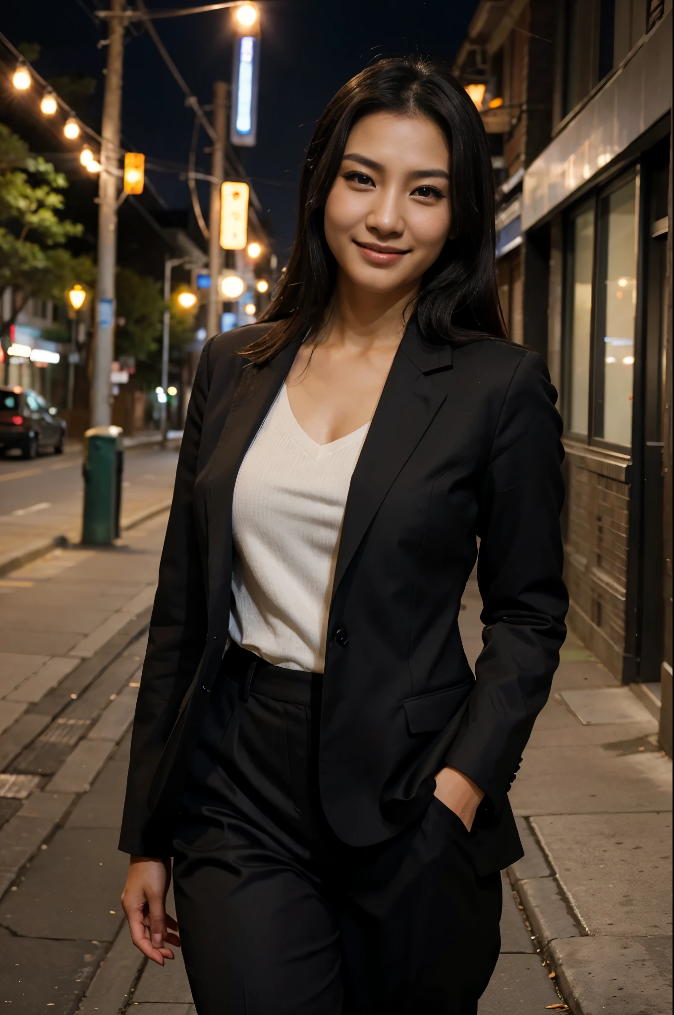 night shot side pose of a beautiful Asian woman, wearing office jacket suit, brown eyes, beautiful eyes, Asian skin, medium black hairs, smiling and walking in her street, realistic skin texture, realistic photography