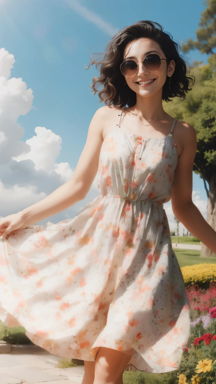 masterpiece, Best quality, absurdity, perfect anatomy, 1 girl, One, PascalTales, short hair, Beautiful, cheerful, sunny day, botanical garden, Summer breeze, sun dress, floral pattern, Wavy hair, smiling