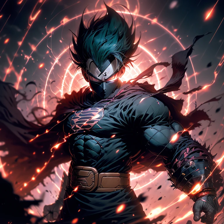 Vegeta, once a proud Saiyan warrior, now wanders the land as a Ronin Samurai. Draped in a tattered, dark green kimono, his sharp features are hidden beneath a traditional samurai mask. With his long, spiky green hair tied back, he cuts an imposing figure. His piercing green eyes, now filled with a sense of longing and determination, scan the horizon. Clasping a sharp, curved sword in his hand, Vegeta embarks on a new journey, seeking redemption and purpose in this peaceful, yet unforgiving world.