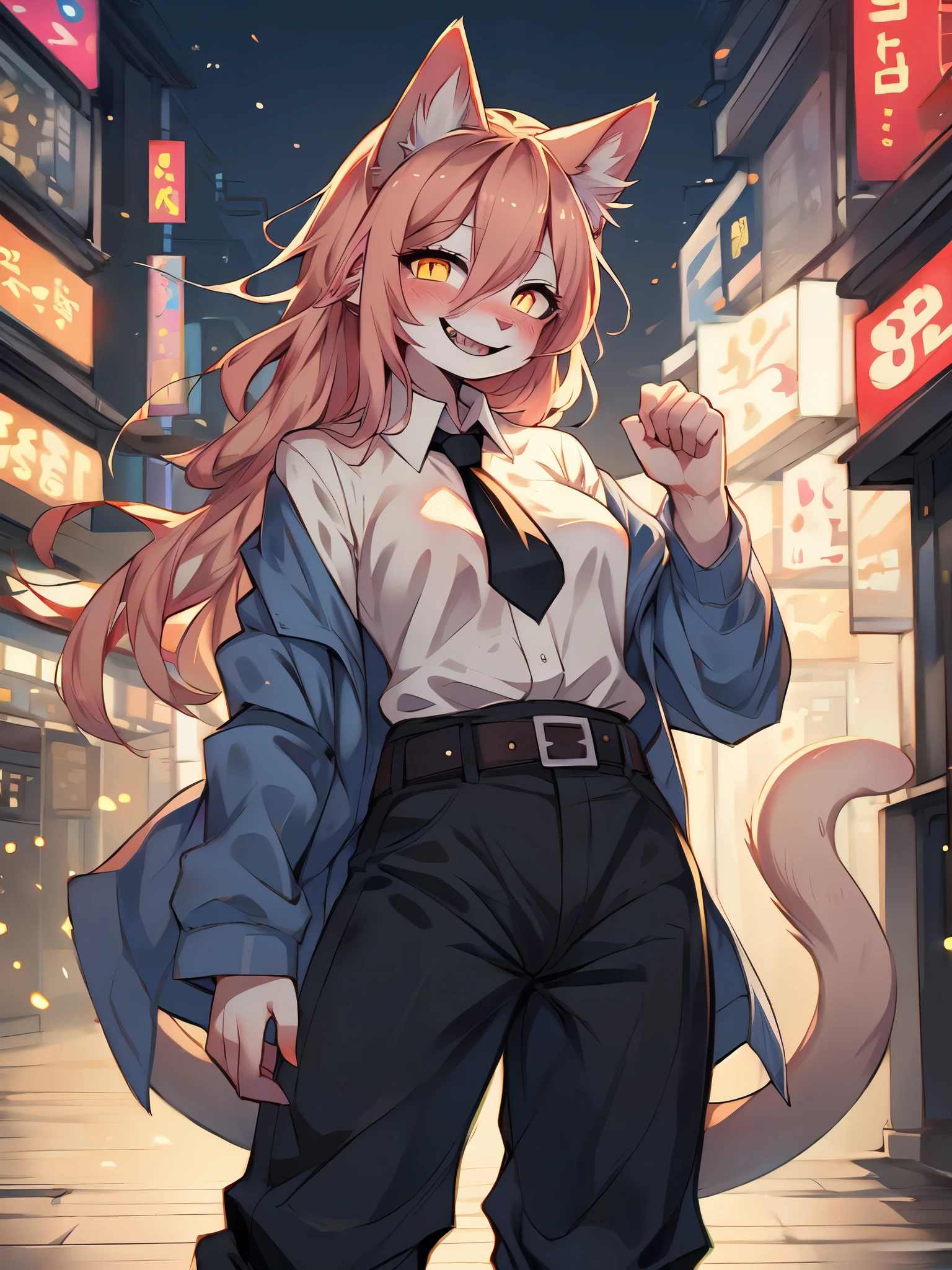 Power_chainsawman, solo, by fumiko, by hyattlen, by hioshiru, tan female cat, long pink hair, tan cat ears, yellow eyes, cute cat snout, pink nose, mouth open, grinning,  spikey shark teeth, smiling, wearing white button up shirt, pants sleeves rolled up, black pants, belt, long black tie, blue trench coat, in a beautiful Tokyo city, 