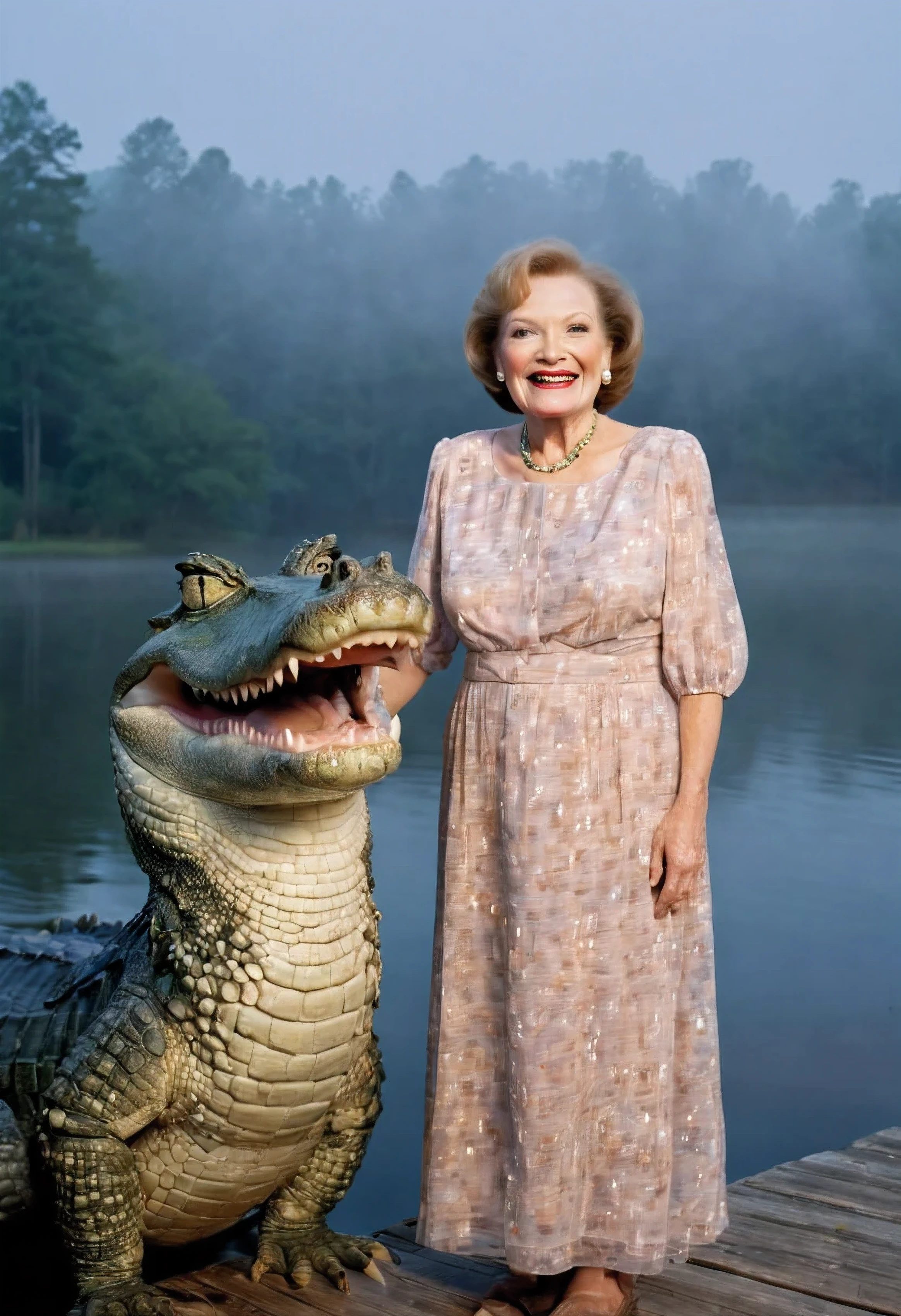 Analog photo of Betty-white on a dock in a lake, feeding giant Alligator, Peasant-Dress, smiling, fog, mist, forest, nighttime, flash (detailed, film grain, high saturation) high quality