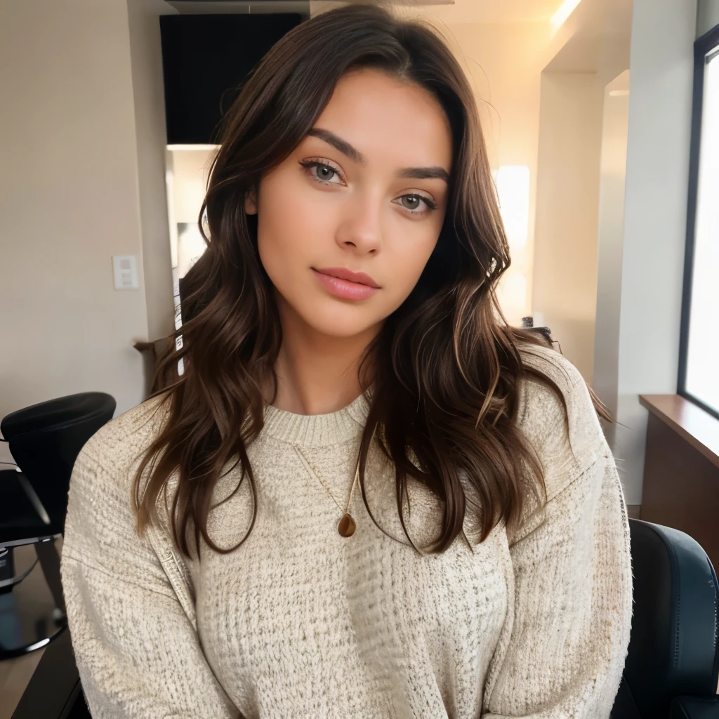 beautiful brunette wearing light beige sweater (taking care of nails in a modern beauty salon), very detailed, 20 years old, innocent face, long natural wavy brunette hair, hazel eyes, high resolution, masterpiece, best quality, intricate details, highly detailed, sharp focus, detailed skin, realistic skin texture, texture, detailed eyes, professional, 4k, charming smile, shot on Canon, 35mm, shallow depth of field,  kodak vision color, perfect fit body, extremely detailed, foto_\(ultra\), photorealistic, realistic, post-processing, maximum detail, roughness, real life, ultra realistic, photorealism, photography, 8k uhd, photography