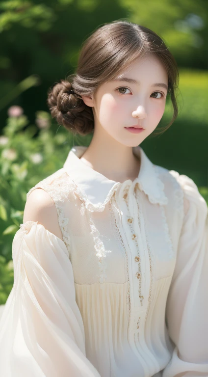 1人, (Full body), Unknown , detailed clothes, (delicate illustration:1.4),(masutepiece:1.0), (Best Quality:1.4), (超A high resolution:1.2), (Photorealistic:1.4), (8K, Raw photo:1.2), (Soft Focus:1.4), (18year old:1.3), (Sharp Focus:1.4), (Renaissance art:1.4), Detailed beautiful face, (Blouse with white collar), sitting on