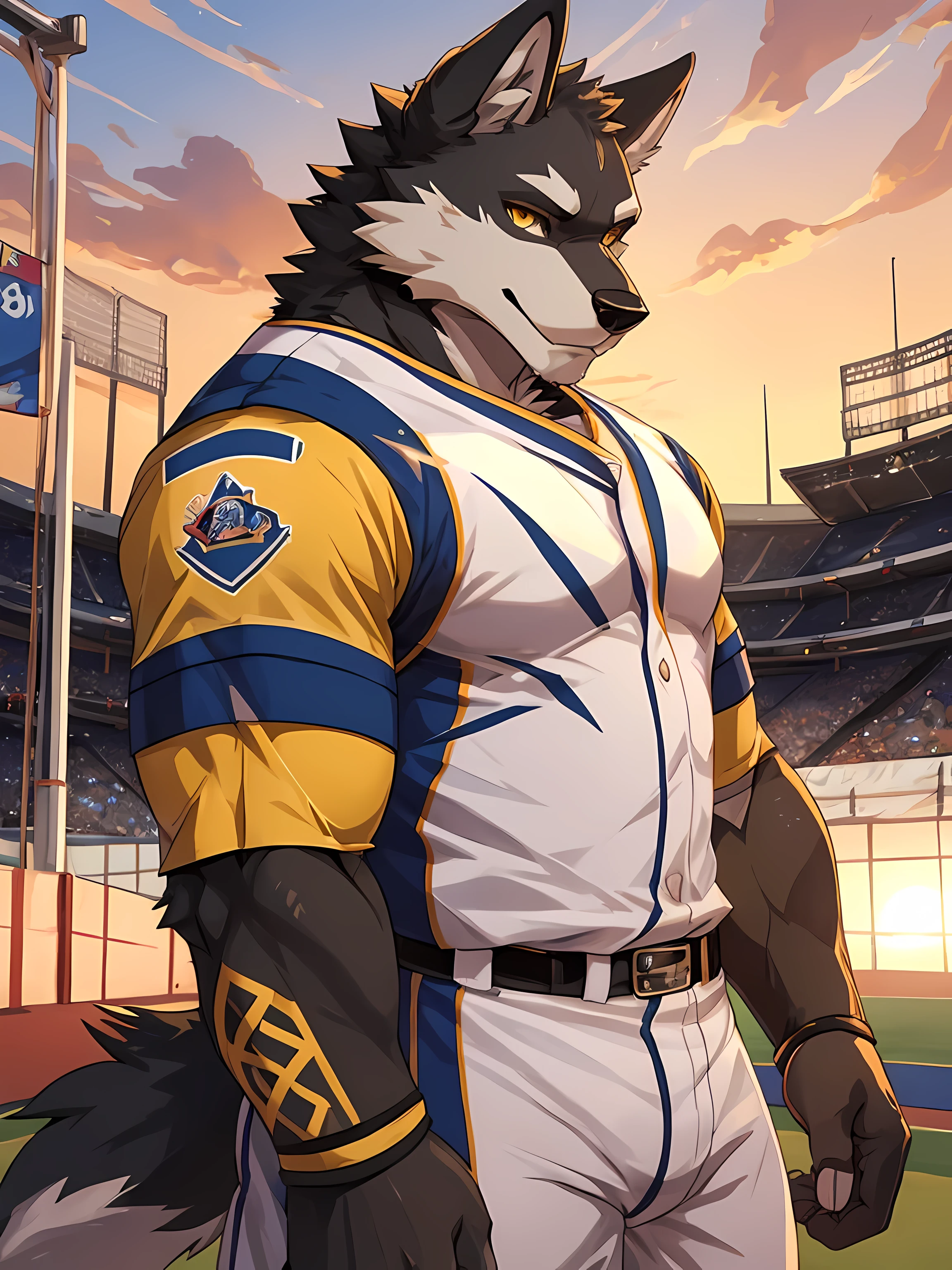 Furry,black fur wolf,Yellow stripes on the body,yellow eyes,(Realistic eye detail),Have muscles,Wear Baseball Uniform,Standing on the baseball field,Evening,backlit,staring at the viewer,seductive eyes,<3