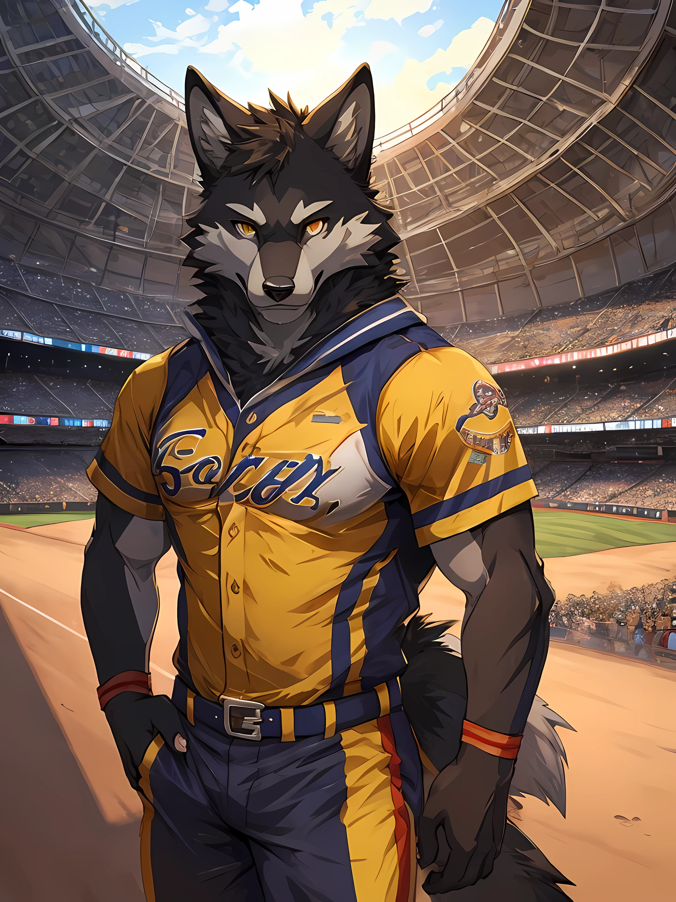 Furry,solo,black fur wolf,Yellow stripes on the body,yellow eyes,(Realistic eye detail),Wear Baseball Uniform,Standing on the baseball field,The penis is getting hard.,realistic penis structure,Large penis,Evening,backlit,staring at the viewer,