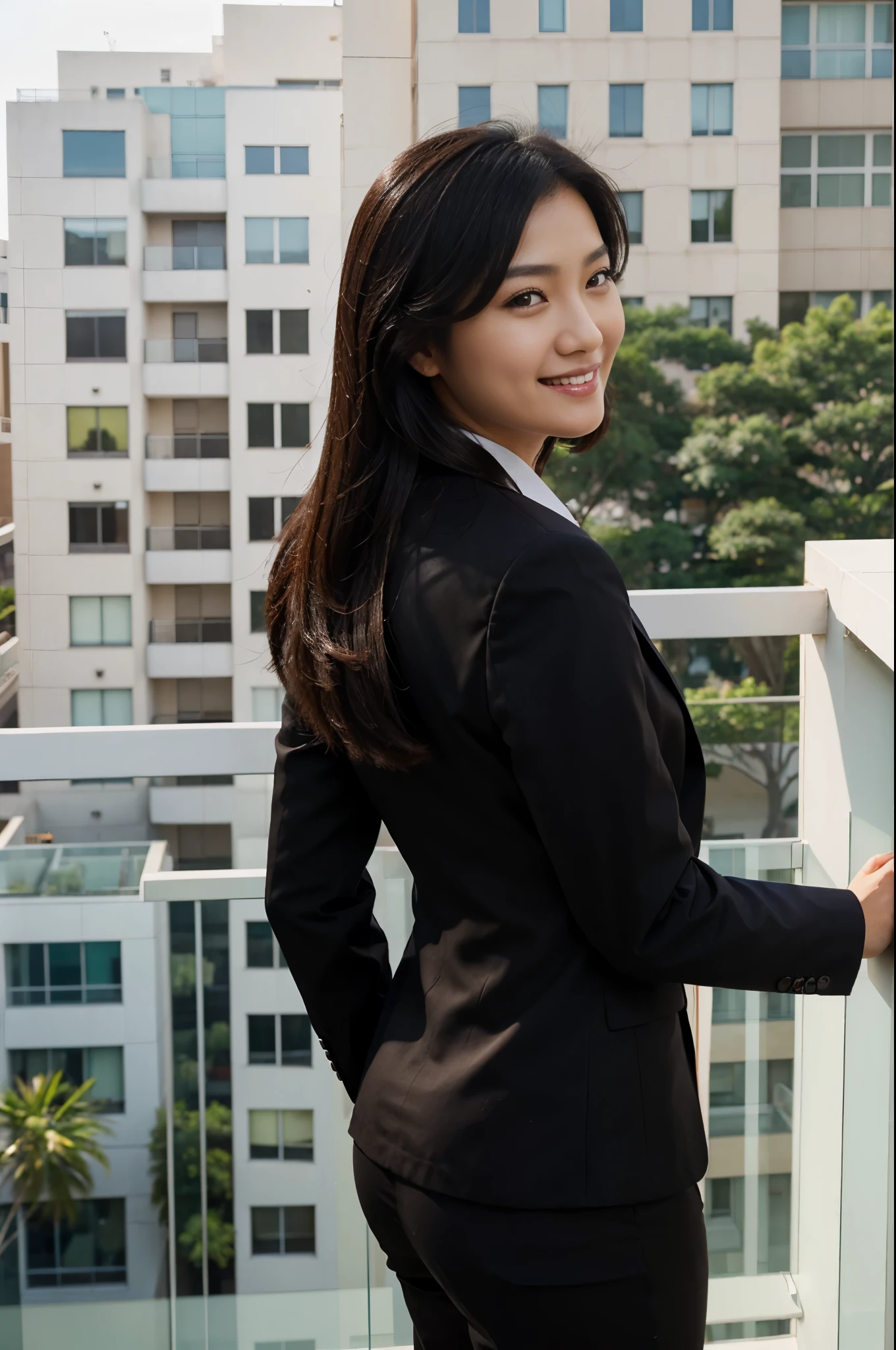 back pose of a beautiful Asian woman, wearing office suit and jacket, brown eyes, beautiful eyes, Asian skin, medium black hairs, smiling and standing in her balcony, realistic skin texture, realistic photography