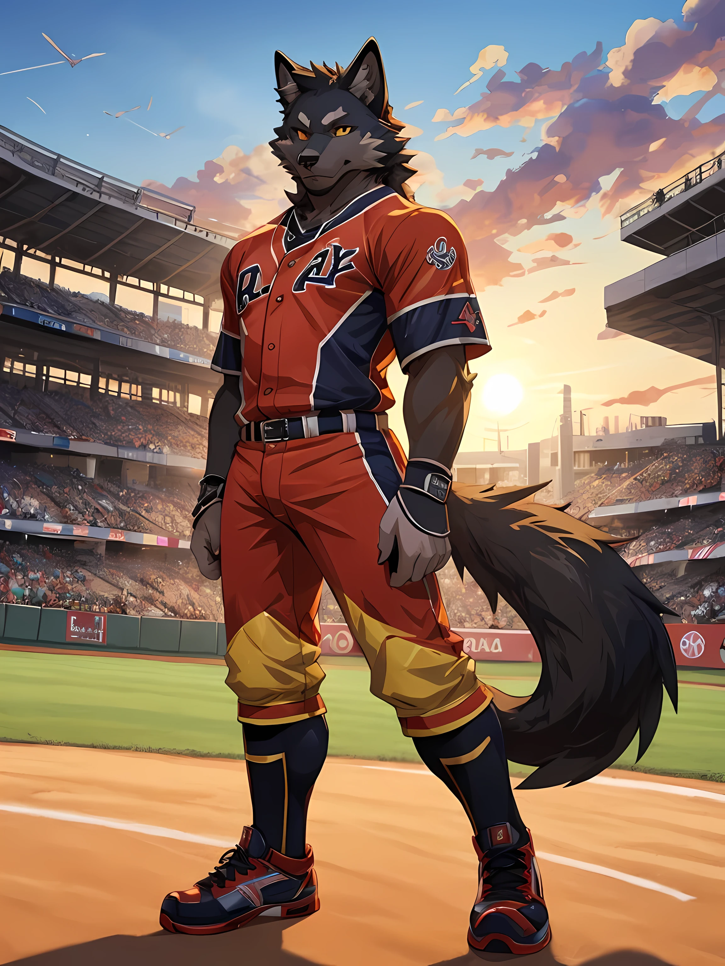 Furry,black fur wolf,Yellow stripes on the body,yellow eyes,(Realistic eye detail),Wear Baseball Uniform,Standing on the baseball field,Evening,backlit,staring at the viewer,