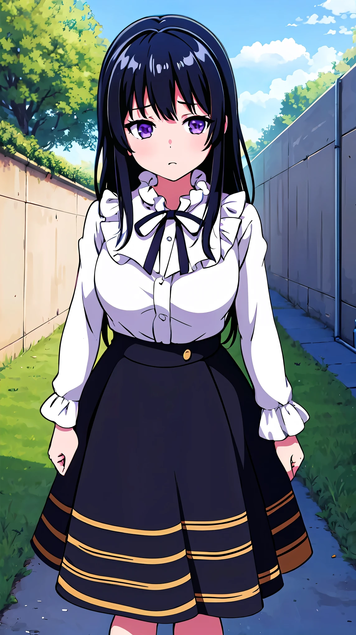 ((masterpiece, best quality)),very detailed, simple eyes,outdoors,1girl,medium breasts,rinko shirokane, black_skirt, casual , breasts, frills, long_hair, long_sleeves, looking_at_viewer, purple_eyes,long  skirt,black skirt