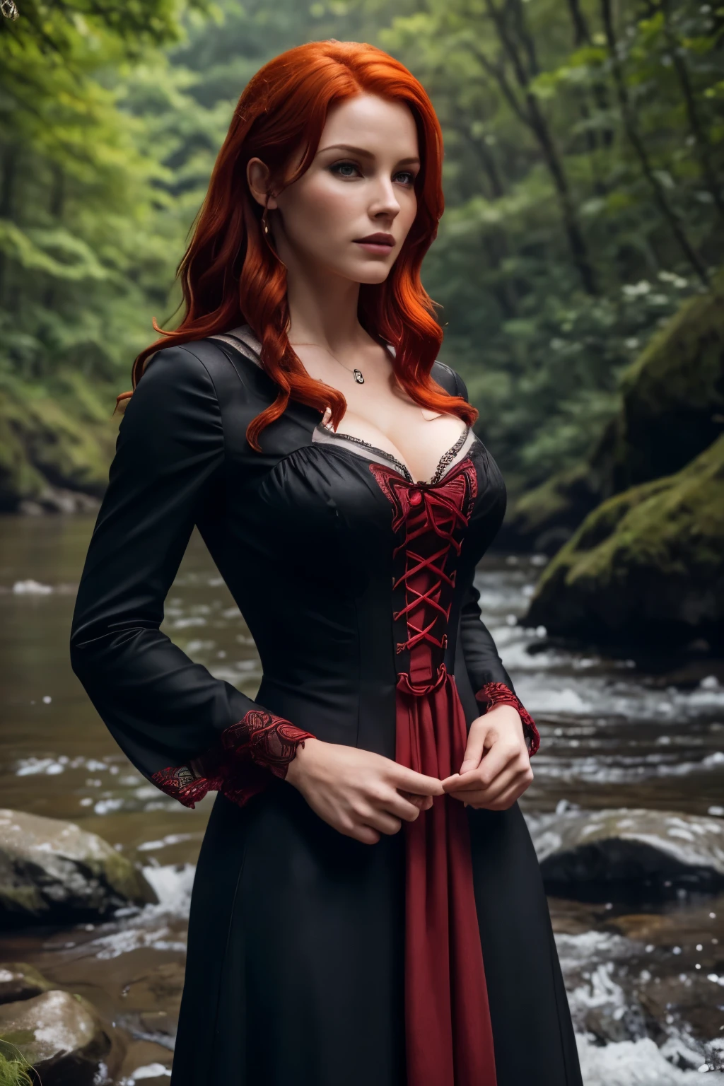 (Triss Merigold),elegant black dress with red laces, lots of cleavage, standing, forrest, river, red hair blowing in the wind.(best quality,4k,8k,highres,masterpiece:1.2),ultra-detailed,realistic:1.37, HDR, UHD, vivd colors, professional, bokeh,portraits,landscape.