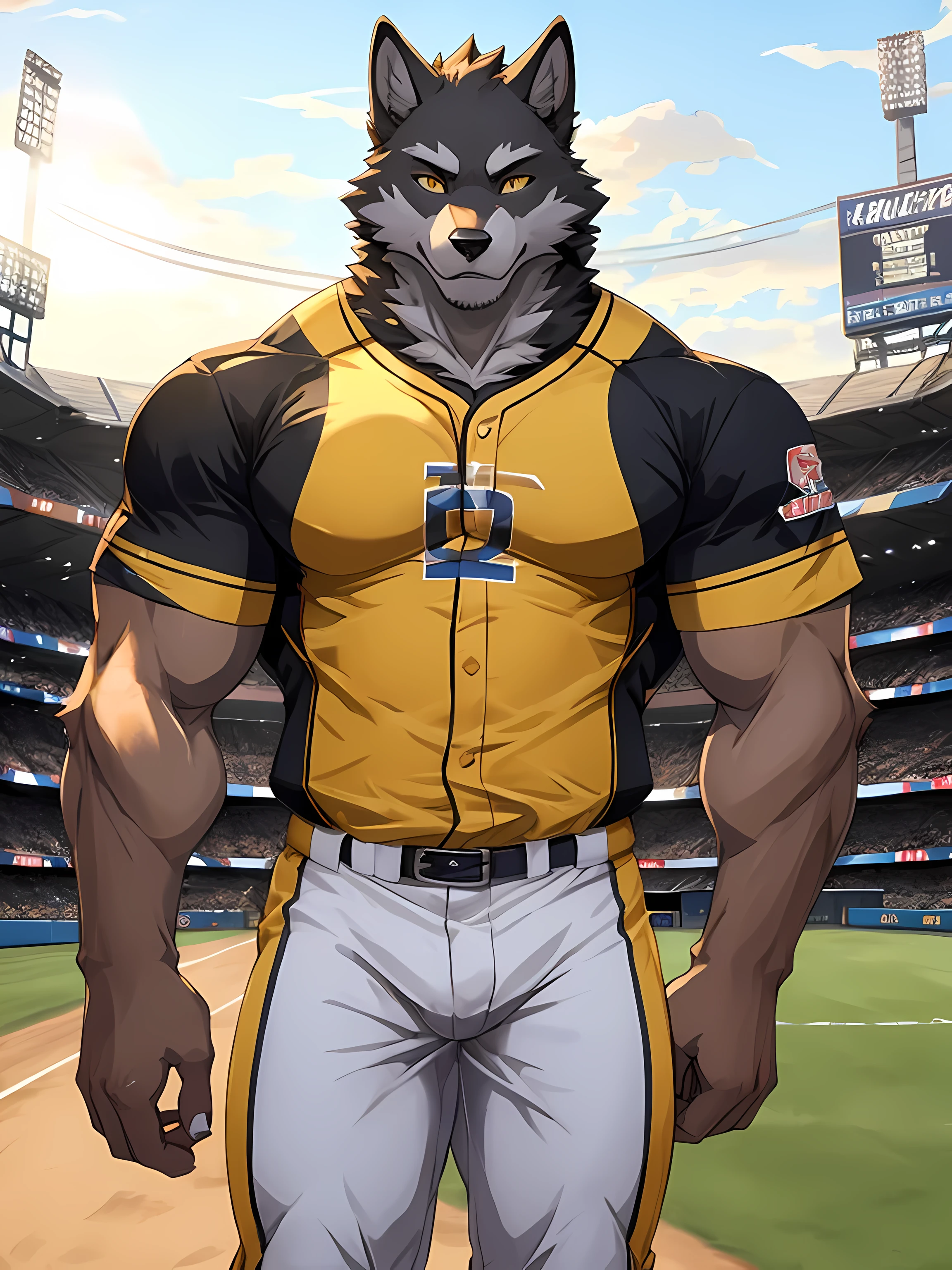 anthro, balls, bodily fluids, fur, looking at viewer, male, multicolored body, multicolored fur, muscular, musk clouds,solo, two tone body, two tone fur, (lin hu), <lora:lin-hu:0.8>, baseball cap, baseball uniform, blue eyes,(no nipples)