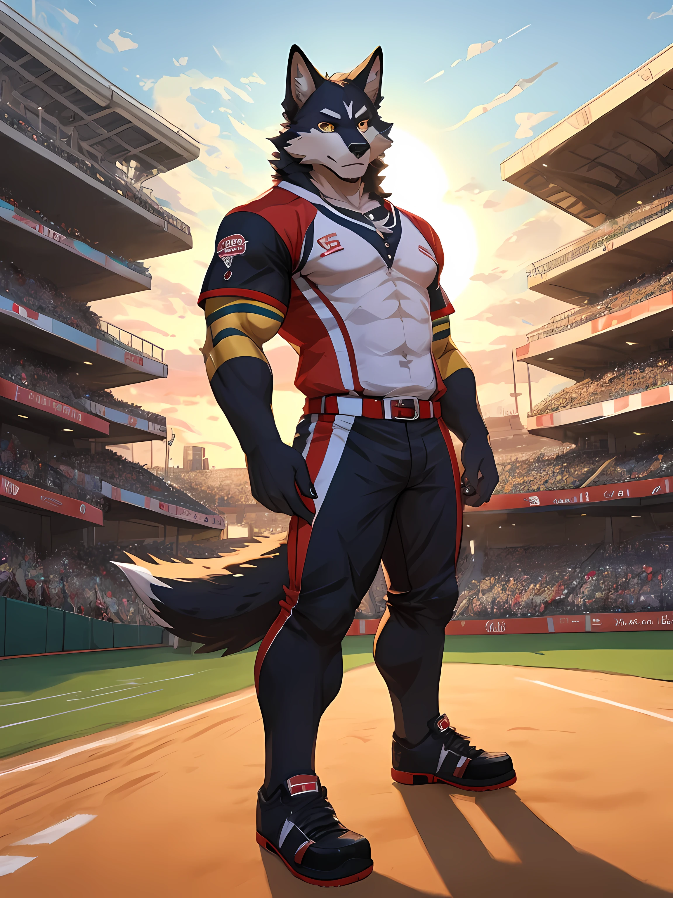 Furry,black fur wolf,Yellow stripes on the body,yellow eyes,(Realistic eye detail),Have muscles,Wear Baseball Uniform,Left hand holds Baseball 1.5,Standing on the baseball field,Evening,backlit,staring at the viewer,