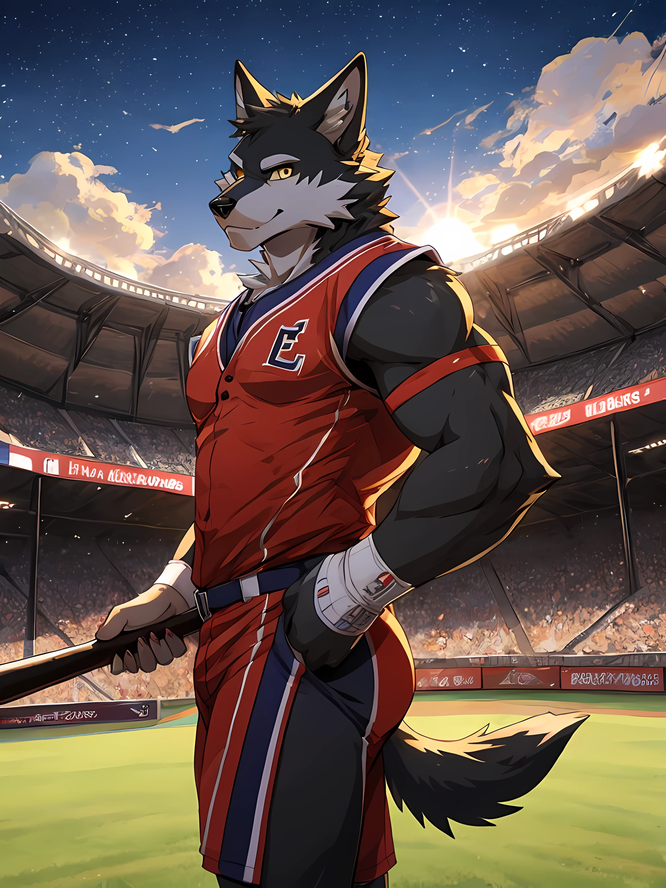 Furry,black fur wolf,Yellow stripes on the body,yellow eyes,(Realistic eye detail),Have muscles,Wear Baseball Uniform,The left hand holds a Baseball Bat 1..5,Standing on the baseball field,Evening,backlit,staring at the viewer,