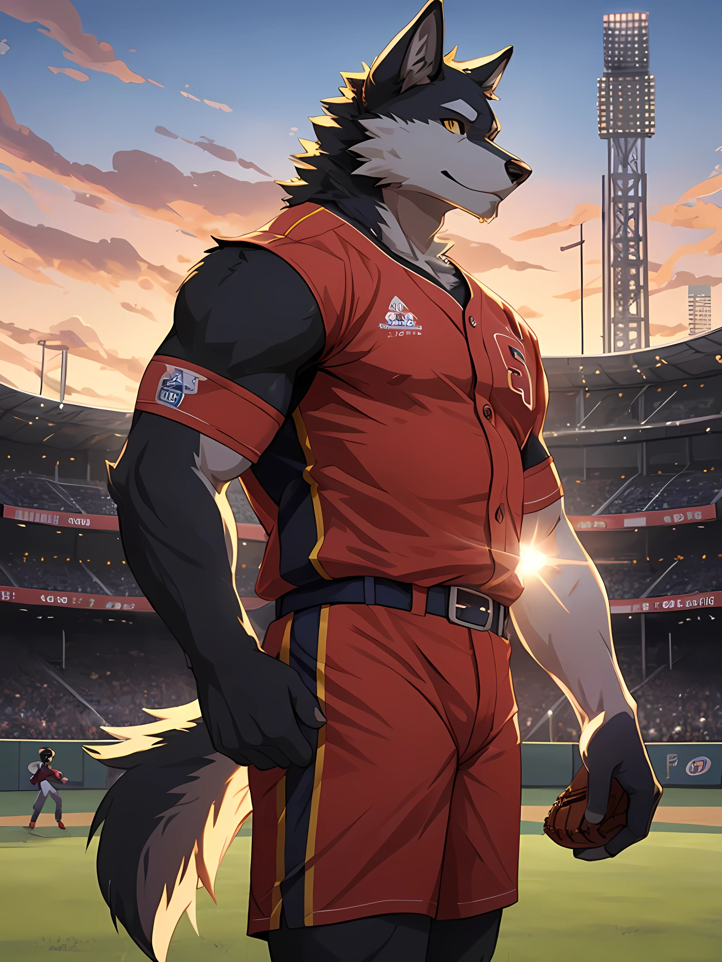 Furry,black fur wolf,Yellow stripes on the body,yellow eyes,(Realistic eye detail),Have muscles,Wear Baseball Uniform,Left hand holds Baseball 1.5,Standing on the baseball field,Evening,backlit,staring at the viewer,