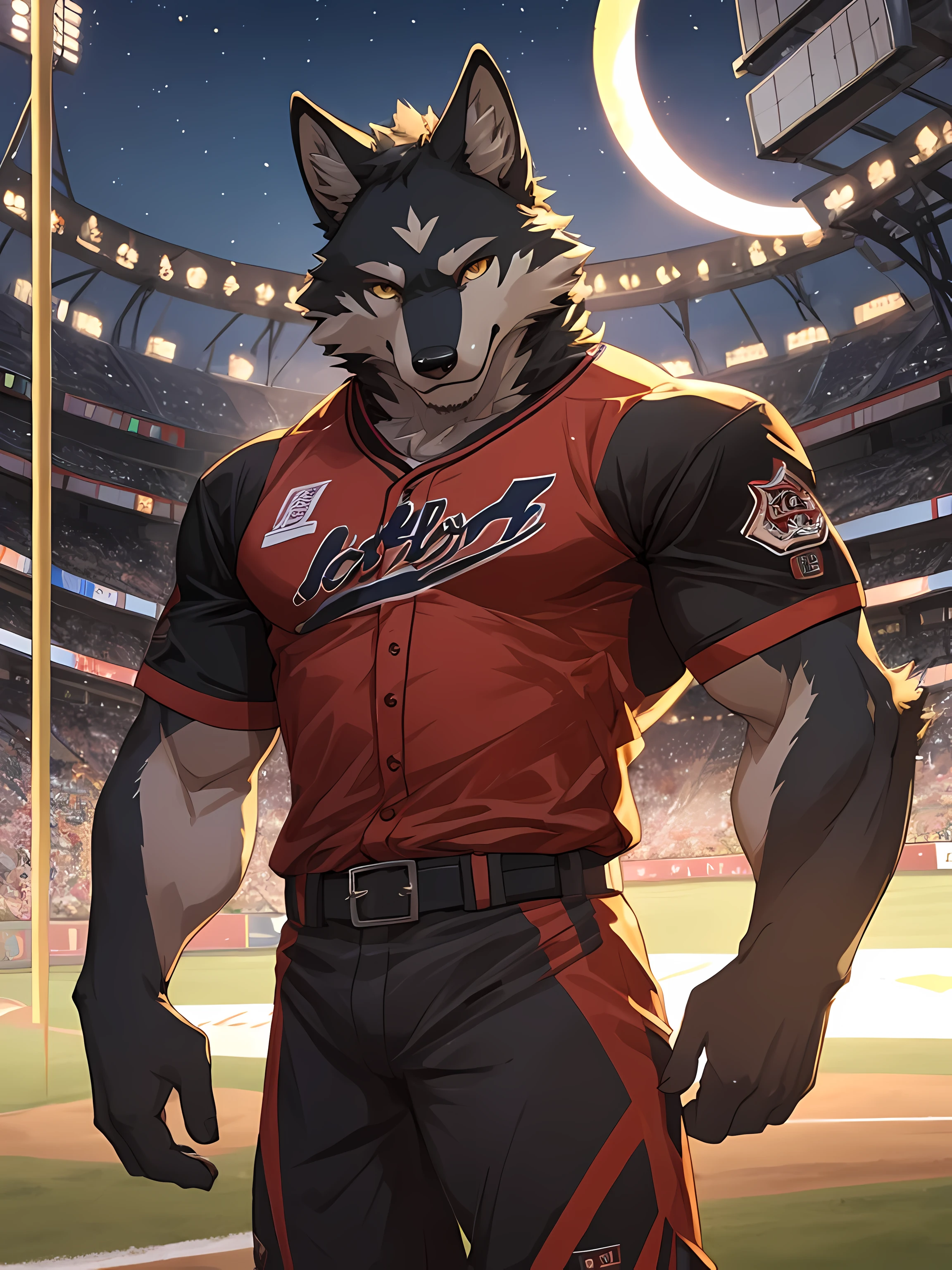 Furry,black fur wolf,Yellow stripes on the body,yellow eyes,(Realistic eye detail),Have muscles,Wear Baseball Uniform,Left hand holds Baseball 1.5,Standing on the baseball field,Evening,backlit,staring at the viewer,