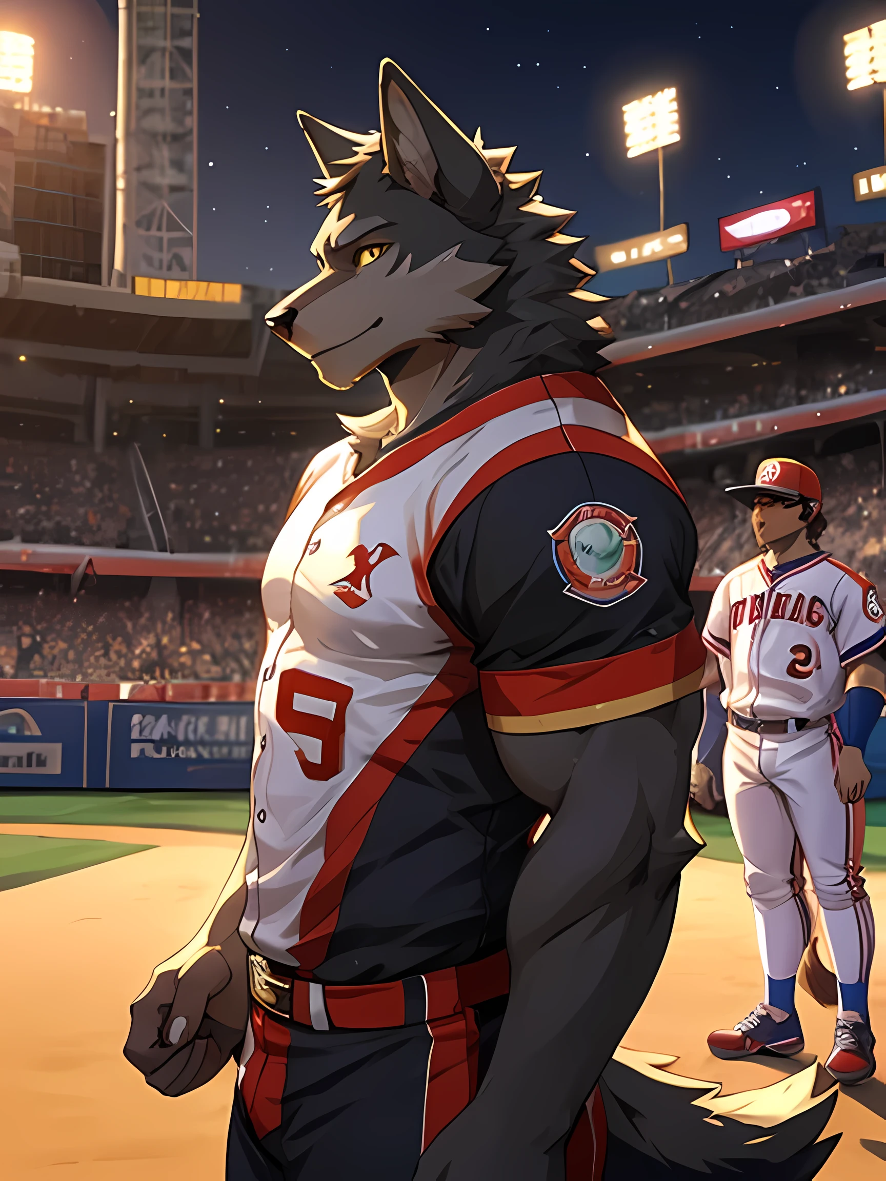 Furry,black fur wolf,Yellow stripes on the body,yellow eyes,(Realistic eye detail),Have muscles,Wear Baseball Uniform,Left hand holds Baseball 1.5,Standing on the baseball field,Evening,backlit,staring at the viewer,side view