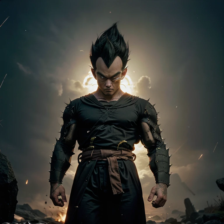 Vegeta, once a proud Saiyan warrior, now wanders the land as a Ronin Samurai. Draped in a tattered, dark green kimono, his sharp features are hidden beneath a traditional samurai mask. With his long, spiky green hair tied back, he cuts an imposing figure. His piercing green eyes, now filled with a sense of longing and determination, scan the horizon. Clasping a sharp, curved sword in his hand, Vegeta embarks on a new journey, seeking redemption and purpose in this peaceful, yet unforgiving world.