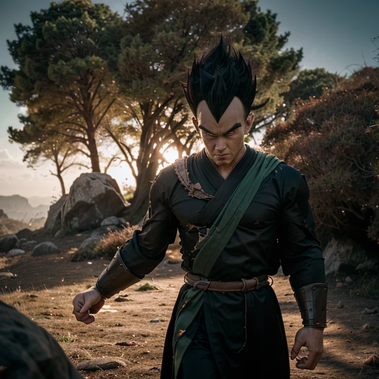 Vegeta, once a proud Saiyan warrior, now wanders the land as a Ronin Samurai. Draped in a tattered, dark green kimono, his sharp features are hidden beneath a traditional samurai mask. With his long, spiky green hair tied back, he cuts an imposing figure. His piercing green eyes, now filled with a sense of longing and determination, scan the horizon. Clasping a sharp, curved sword in his hand, Vegeta embarks on a new journey, seeking redemption and purpose in this peaceful, yet unforgiving world.