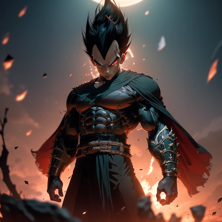 Vegeta, once a proud Saiyan warrior, now wanders the land as a Ronin Samurai. Draped in a tattered, dark green kimono, his sharp features are hidden beneath a traditional samurai mask. With his long, spiky green hair tied back, he cuts an imposing figure. His piercing green eyes, now filled with a sense of longing and determination, scan the horizon. Clasping a sharp, curved sword in his hand, Vegeta embarks on a new journey, seeking redemption and purpose in this peaceful, yet unforgiving world.