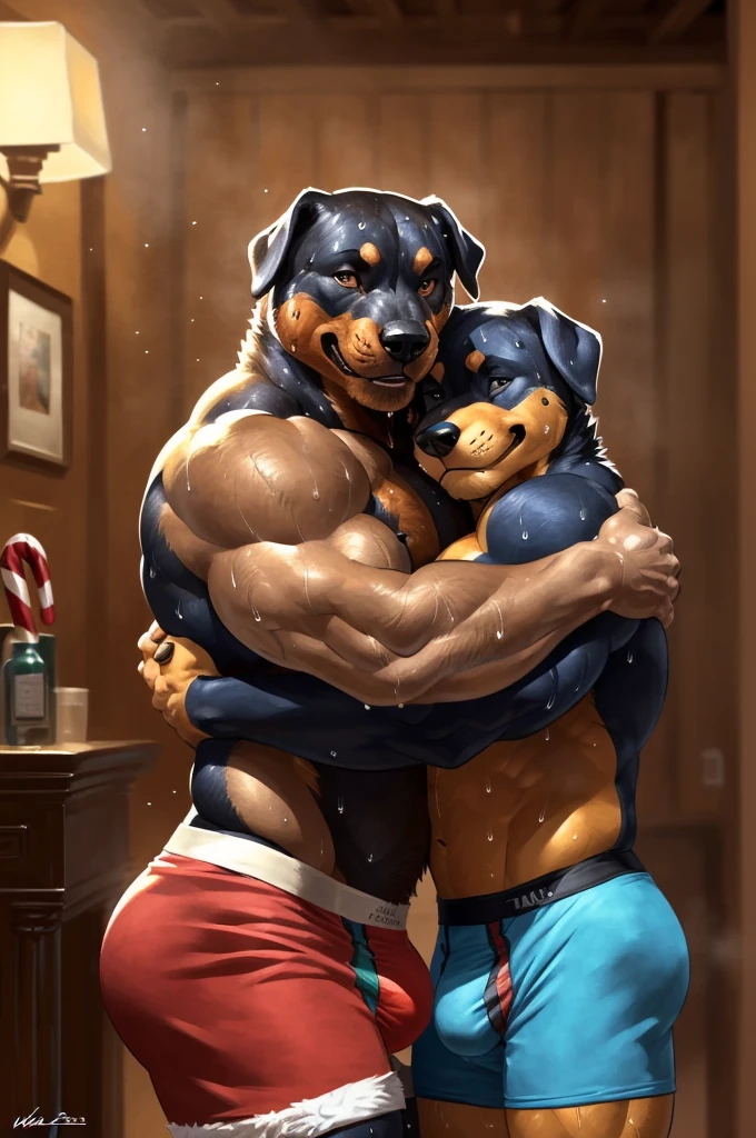 (duo, size difference, father and son:1.9) muscular anthro rottweiler, (presenting embrace for the viewer:1.9). 4k, high resolution, best quality, posted on e621, solo, anthro body, anthro rottweiler, black and tan body,older male, male, , masculine, (very muscular, thick build, pectorals:1.2), correct anatomy, (living background, christmas, evening), (by wfa:1.2), (by Taran Fiddler, by negger:1.0), black nipples,(boxer briefs, crotch bulge:1.2), (detailed eyes:1.2), sexy, (sweat:1.5), smile, shiny muscles, strong shadows, confident, seductive, flirting, half-body shot, photorealistic fur