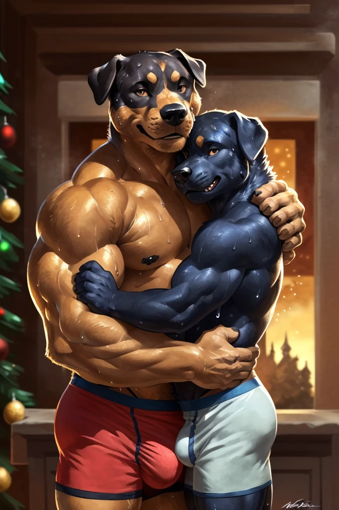 (duo, size difference, father and son:1.9) muscular anthro rottweiler, (presenting embrace for the viewer:1.9). 4k, high resolution, best quality, posted on e621, solo, anthro body, anthro rottweiler, black and tan body,older male, male, , masculine, (very muscular, thick build, pectorals:1.2), correct anatomy, (living background, christmas, evening), (by wfa:1.2), (by Taran Fiddler, by negger:1.0), black nipples,(boxer briefs, crotch bulge:1.2), (detailed eyes:1.2), sexy, (sweat:1.5), smile, shiny muscles, strong shadows, confident, seductive, flirting, half-body shot, photorealistic fur