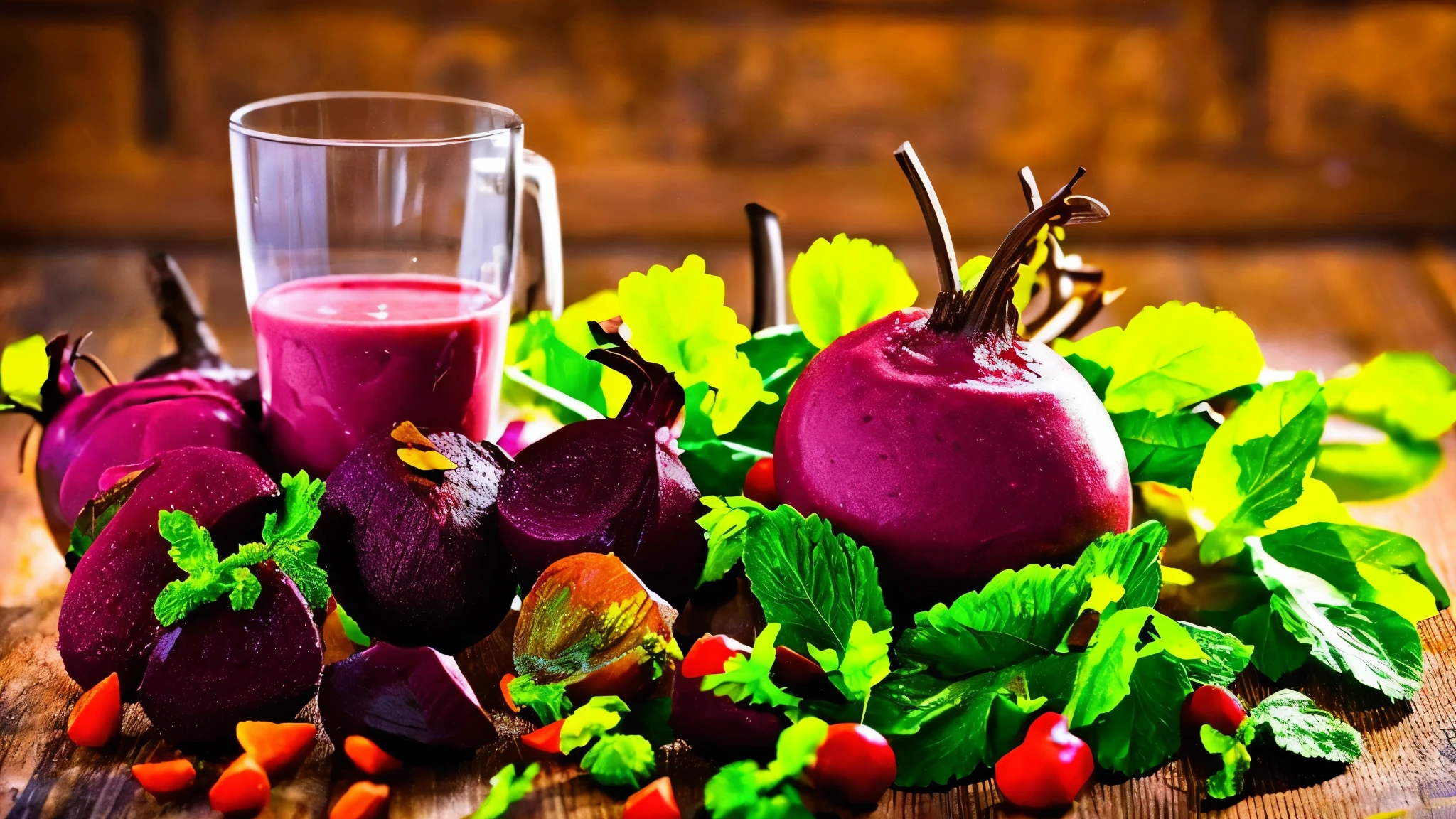 there is a beet smoothie with Beterraba and greens on the table, Beterraba, berry suco, high quality product image”, Muito intenso, Healthy, suco, imagem de estoque, estoque, health potion, a B C D e F G H I J K L M N o p q R S T U V W x y Z, vibrante e poderoso, 💋 💄 👠 👗, Misturando, ❤🔥🍄🌪, tons vibrantes