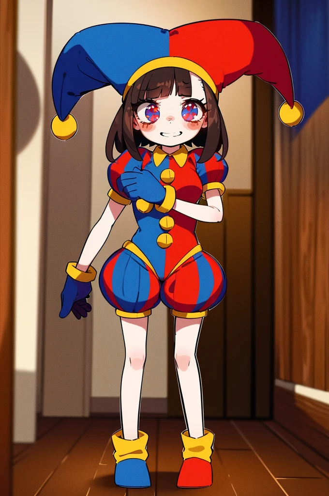 1girl, solo, indoors, full body, standing, smile, pomni, multicolored clothes, jester cap, puffy short sleeves, gloves, buttons, colored skin, symbol-shaped pupils, red eyes, blue eyes, huge breast, curvy, large pants, flipflops