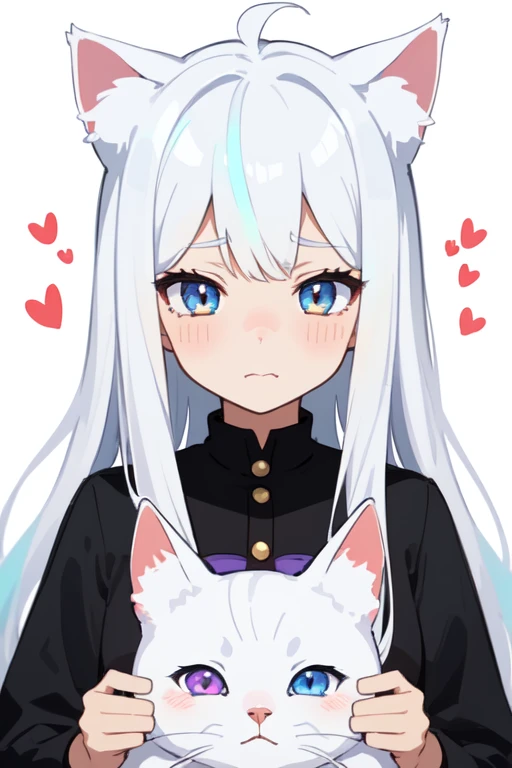 Girl with white hair, cat ears, black glasses, blushing extremely, she has put on a bra if her breasts are small, grabbing her breasts, a black skirt, a cat tail with black stockings on the bed