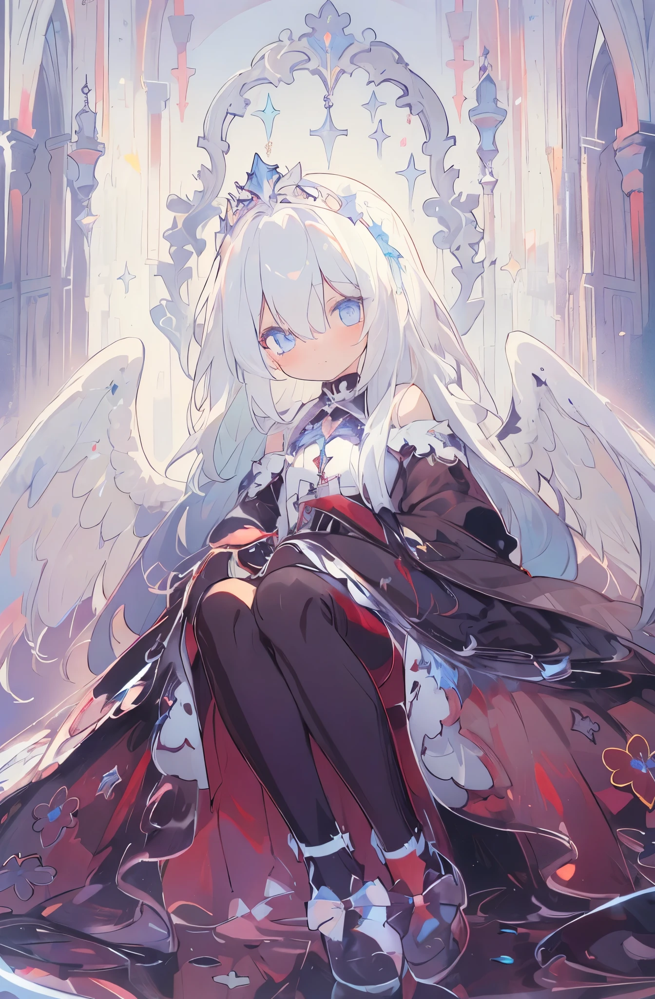 (((Masterpiece))), (((Beautiful Light))), Anime Girl, 1girl, Young, Short Height, Flat Chest, Solo, Wings, Long Hair, Dress, Blue Eyes, White Dress, Priestess Dress, Cape, White Hair, White Pantyhose, Feather Wings, Watching People, Very Long Hair, White Wings, Bangs, Gradient Hair