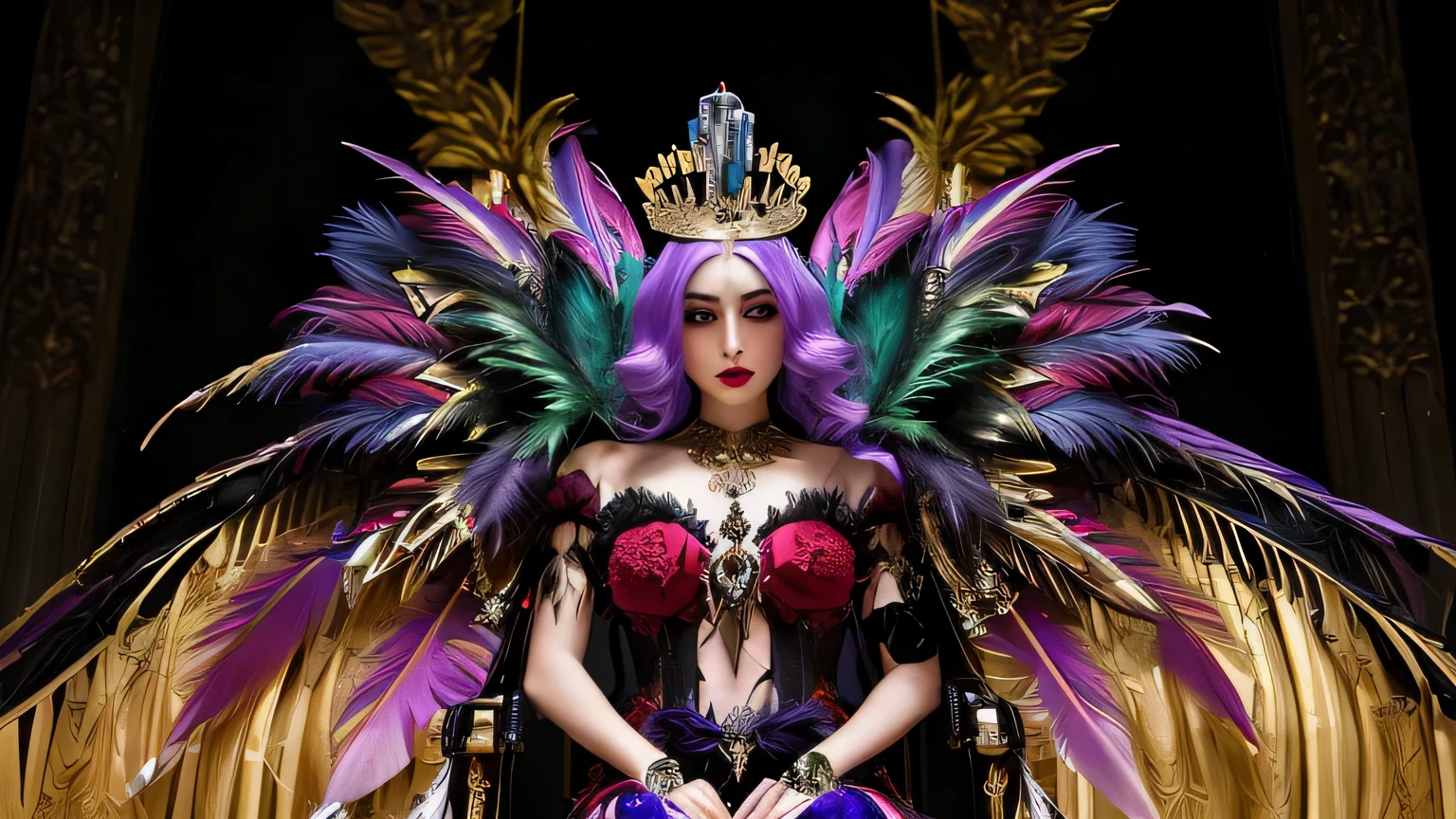 arafed cyborg woman in a costume with feathers and a crown, wearing crown of bright feathers, baroque hibiscus queen, ornate cosplay, inspired by Harry Clarke, portrait of queen of dreams, portrait of a dark fantasy nymph, intricate costume design, portrait of fairy woman, crown of very long feathers, a beautiful fantasy empress, beautiful vampire female queen