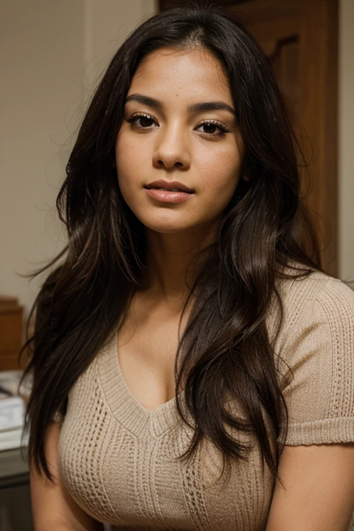 1 latina woman, detailed face, beautiful eyes, full lips, long eyelashes, tan skin, wavy dark hair, intricate hair details, detailed clothing,