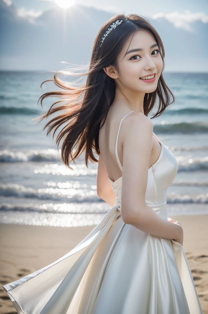 (realistic, photo-realistic:1.37), (masterpiece, best quality:1.2), (ultra high res:1.2), (RAW photo:1.2), (sharp focus:1.3), (face focus:1.2), (Extremely detailed CG unity 8k wallpaper:1.2), (beautiful skin: 1.2), (pale skin:1.3), (hyper-sharp focus: 1.5), (ultra-sharp focu:1.5), (beautiful clean face:1.3), (ultra-detailed background, detailed background:1.3), bokeh, depth of field, BREAK, Photo of extremely cute and beautiful Japanese woman, (bride), professionattire, (22yo:1.1), light smiling girl portrait, full body image, When viewed from the front, the composition is symmetrical, (studio lighting:1.3), (cinematic light:1.3), (back light:1.3), (face light:1.3), lighting full-covered her whole body, looking straight at you, standing, sexy model pose, BREAK, (chestnut half-up hair:1.2), dark brown eyes, beautiful eyes, princess eyes, mahogany hair, single hair, bangs, slender, abs, (huge breast;1.35), (narrow waist:1.15), (detailed beautiful girl:1.4), (pure-white luxury satin wedding dress:1.3), (Bali island ocean view background:1.2), (light smile:1.1), ((perfect female body)), (upper body image:1.3), frame the head, perfect dramatic, volumetric lighting, professional majestic oil painting, shiny skin, ct anatomy, perfect proportion, 8.5 life size, face focus, ultrarealistic photo, hyper-sharp image, hyper detailed image, Bali island, ocean view, beach, outdoor, walking beach,