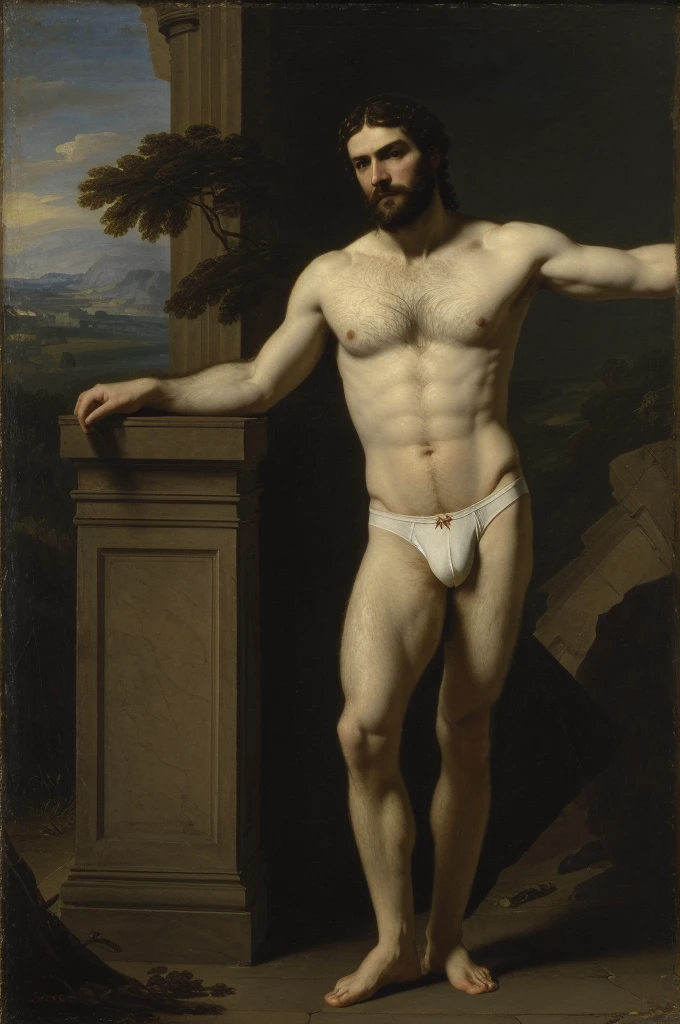 oil painting, masterpiece, full body, full body, oil Painting, portrait charismatic and ((one hairy masculine hunter)), tall, slim, smooth muscle, (((white briefs, bulge))), body hair:: ruins background, perfect eye chiaroscuro mood, oil painting, classic era, perfect composition, perfect face, edge lighting, intricate, oil on canvas, Beautiful details, masterpiece, ominous, standing, navel, shirtless, underwear, full body shot, classic painting, neoclassic style, regency era, perfect composition, canvas texture, regency style, perfect composition, canvas texture, landscape background