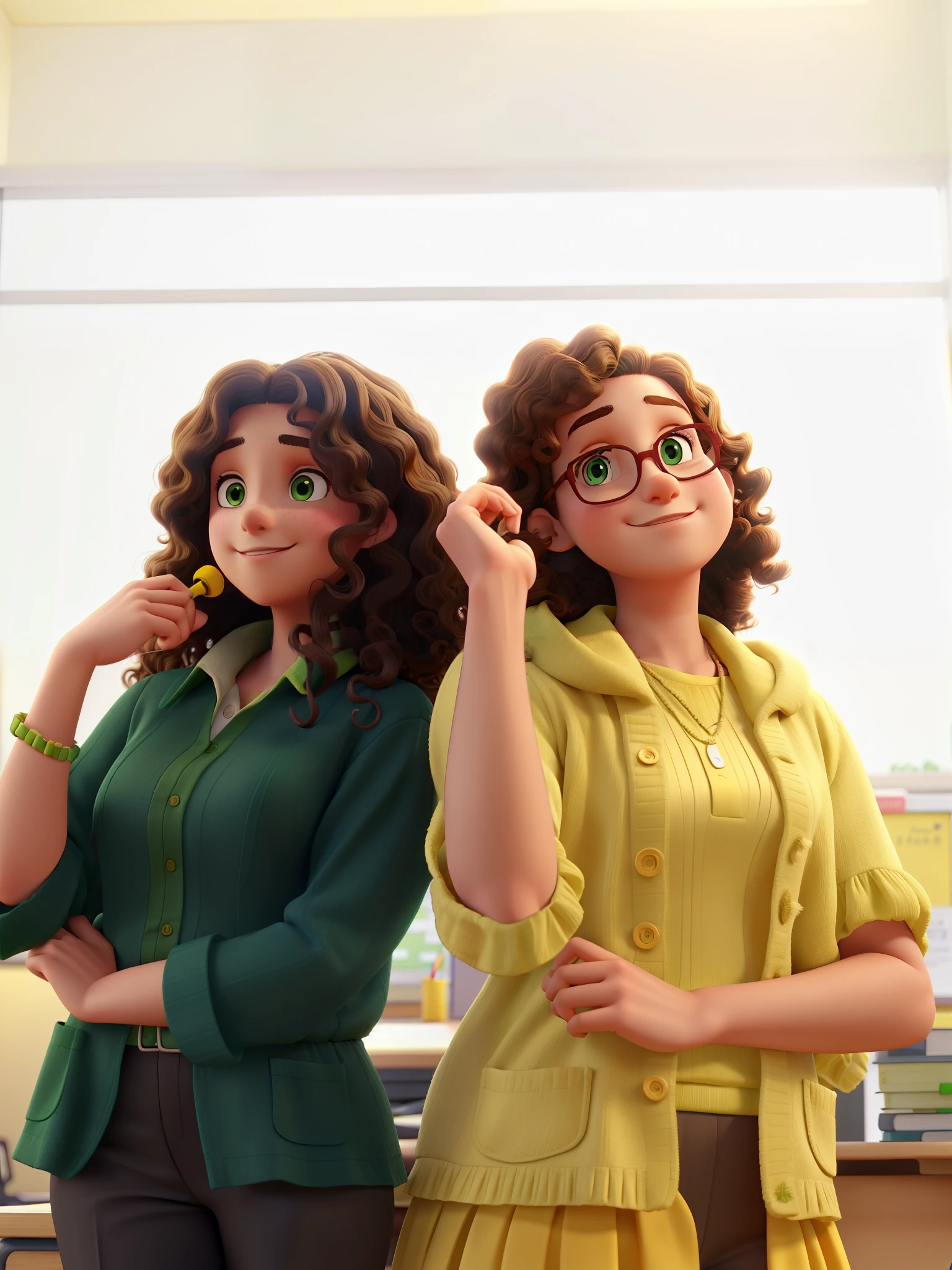 a brunette teacher with curly hair wearing green clothes and another white teacher wearing yellow clothes with wavy hair in a room
