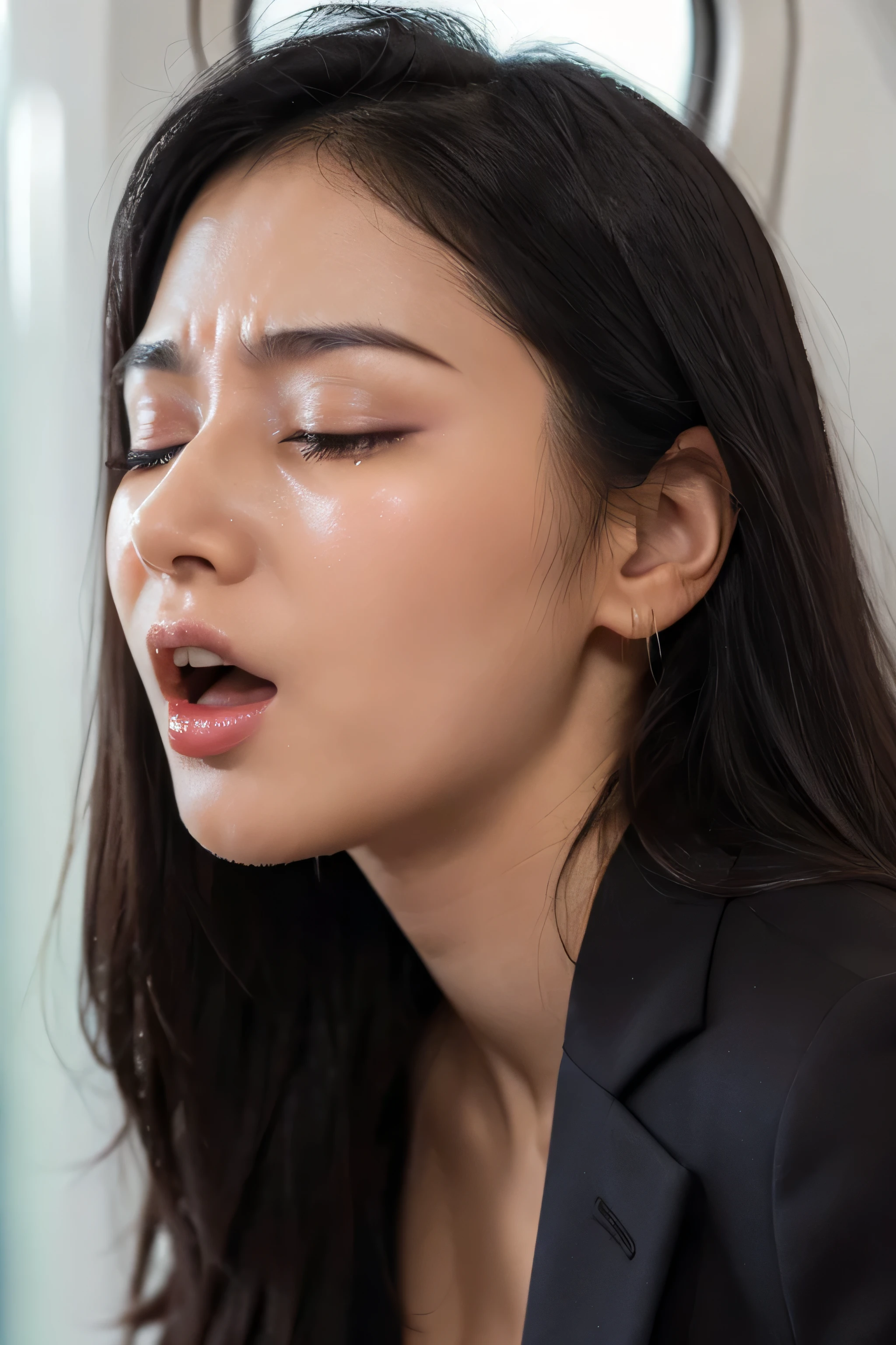 1 girl,pieces fly,,award winning photos, very detailed, edge orgasm,face focus, (woman with open mouth and closed eyes ), 30 years old、black hair、shiny skin、close up of face,from below、realistic nostrils、elongated nasal passages,,、train、(train車内)、congestion、Are standing、((suit))、big breasts、tears、crying face、