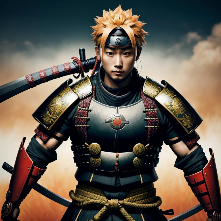 A captivating close-up portrait of Uzumaki Naruto, transformed into a Ronin Samurai, with unkempt sun-kissed hair, stern expression, and piercing eyes that exude a determined spirit. He wears traditional Japanese armor, adorned with intricate patterns and metallic sheen. The samurai chest plate is open, revealing a muscular physique, with a sword hanging from his waist. The background is minimalistic, allowing the samurai figure to take center stage. Realistic, 8k, Illustration, Digital Art, Concept Art, Hyperrealistic, bold and vibrant colors, high contrast, dramatic lighting, by Akira Y