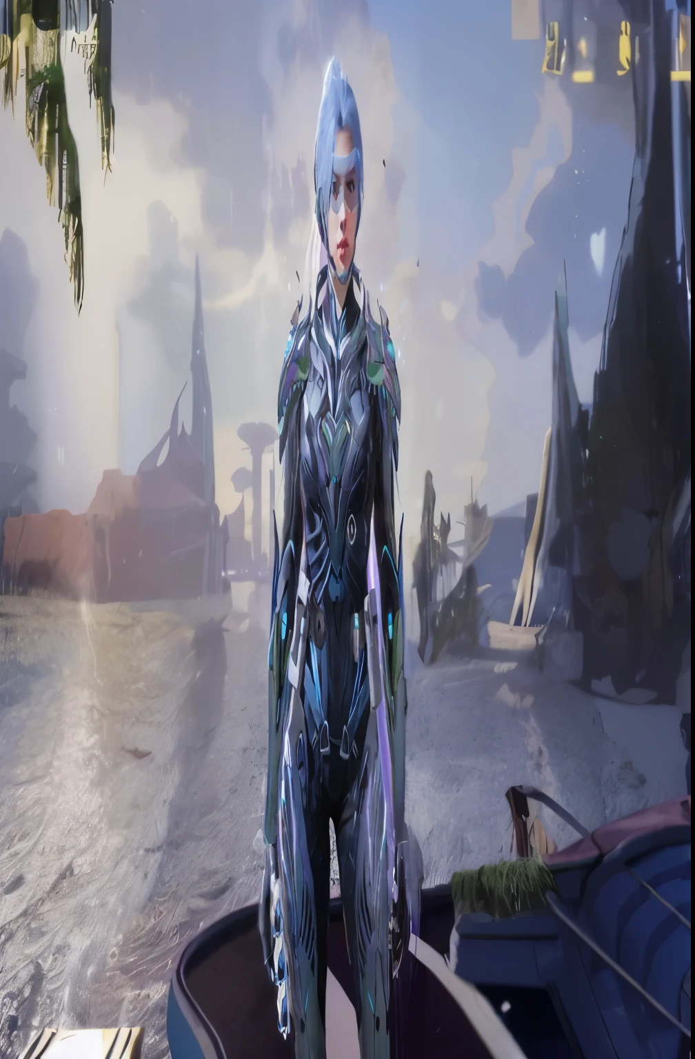 There is a woman in a futuristic suit standing on a boat, Internet litigation, Internet litigations, cybernetic flame armor, Wearing cyber armor,  - girl with silver hair, Cyberpunk Pearl Armor, Chrome set, Silver ice reflective armor, silver cyber armor, Internet litigation, Vibrant varia set, cyberpunk flame suit, Sharp silver armor and purple skin