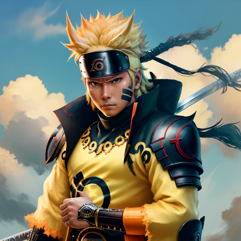 A captivating close-up portrait of Uzumaki Naruto, transformed into a Ronin Samurai, with unkempt sun-kissed hair, stern expression, and piercing eyes that exude a determined spirit. He wears traditional Japanese armor, adorned with intricate patterns and metallic sheen. The samurai chest plate is open, revealing a muscular physique, with a sword hanging from his waist. The background is minimalistic, allowing the samurai figure to take center stage. Realistic, 8k, Illustration, Digital Art, Concept Art, Hyperrealistic, bold and vibrant colors, high contrast, dramatic lighting, by Akira Y