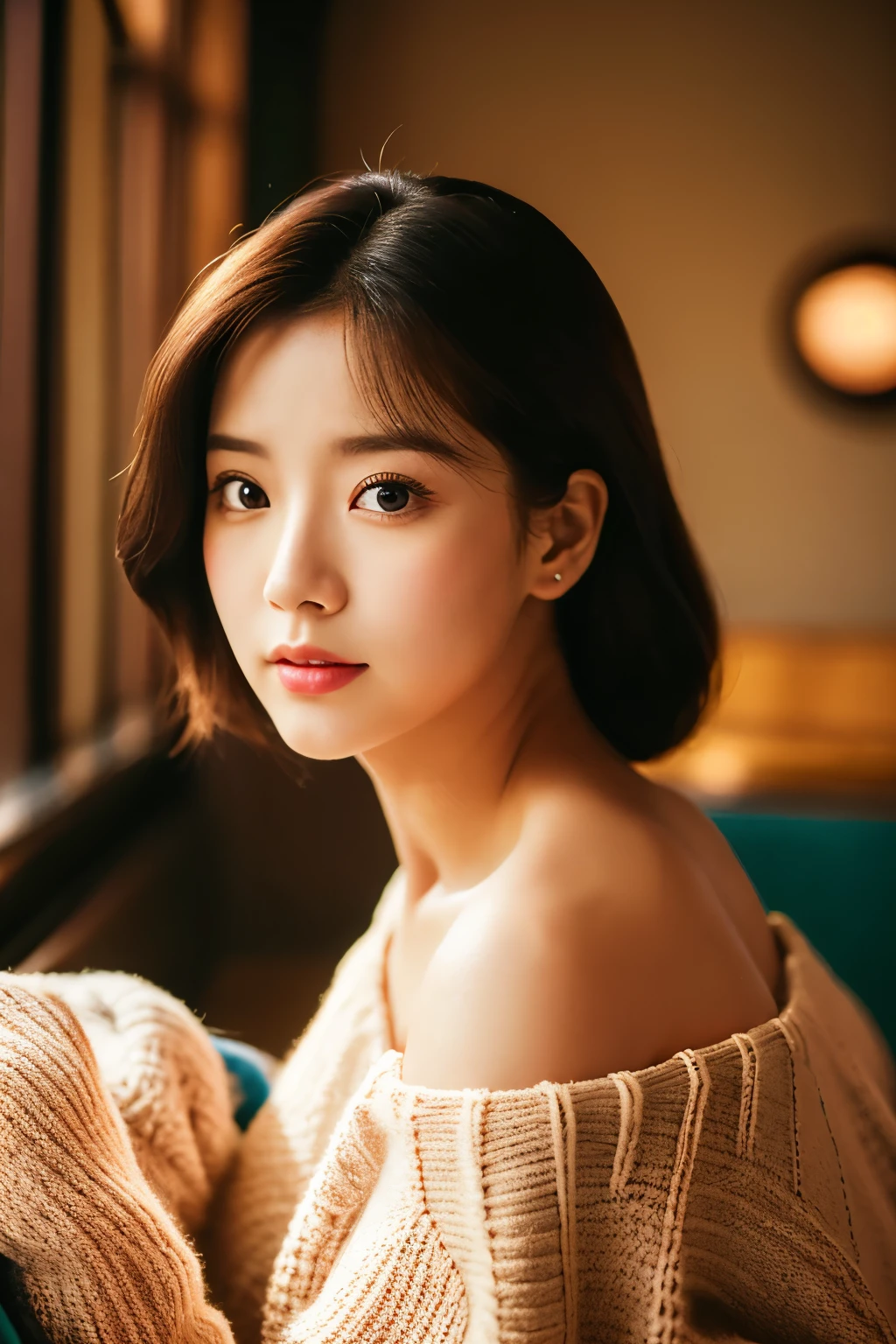 best quality ,masterpiece,ultra high res,(photo realistic:1.4), 1 girl, looking at viewer, Wearing oversized off-shoulder knit over lingerie, korean famous actress, very beautiful,kawaii, Cinematic, 35mm lens, f/ 1. 8, accent lighting, 8k, at Lounge in Minato-ku, Tokyo