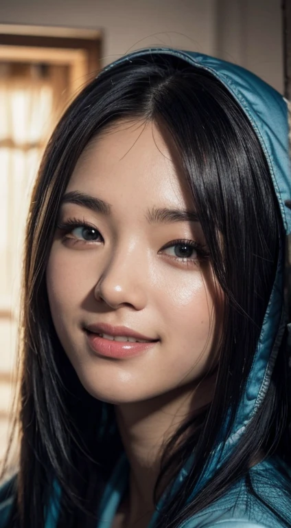 8k, best quality, masterpiece, realistic, ultra detail, photo realistic, hyper realistic, smoother lighting, increase cinematic lighting quality, realistic lighting, backlighting, brightening light, Increase quality, best quality real texture skin,
close-up, slender, cute face, smile, beautiful details eyes, 19years old korean, pretty, Drill hair with electric blue color, hood,
