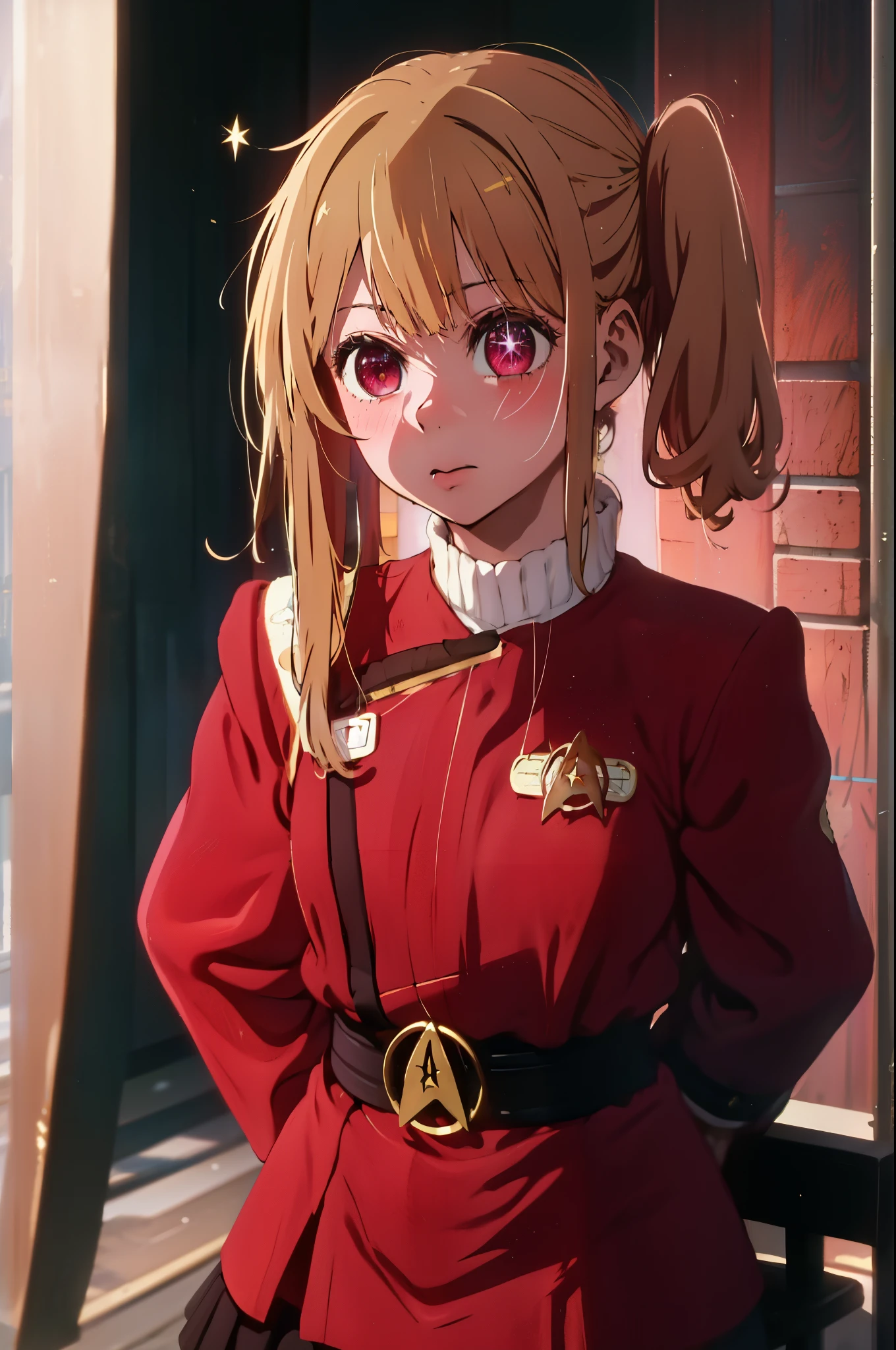 1girl, solo,  Hoshino Ruby, saymbol-shaped pupils, (left star-shaped pupils:1.2), sparkling eyes, (star in left eye:1.2), symbol in eye, red eyes, long hair, blonde hair, bangs, blush, (side ponytail:1.1),  twokunf uniform