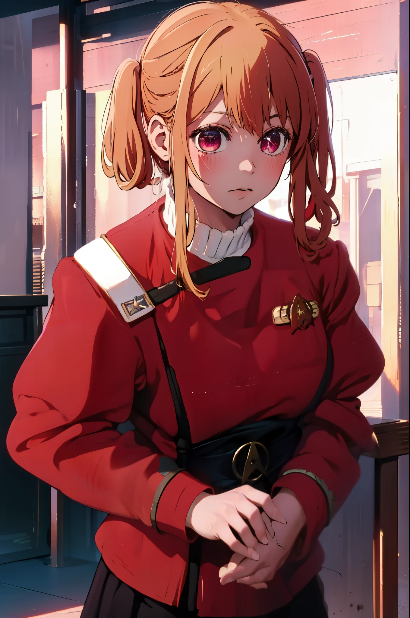 1girl, solo, Hoshino Ruby, saymbol-shaped pupils, (left star-shaped pupils:1.2), sparkling eyes, (star in left eye:1.2), symbol in eye, red eyes, long hair, blonde hair, bangs, blush, (side ponytail:1.1), twokunf uniform
