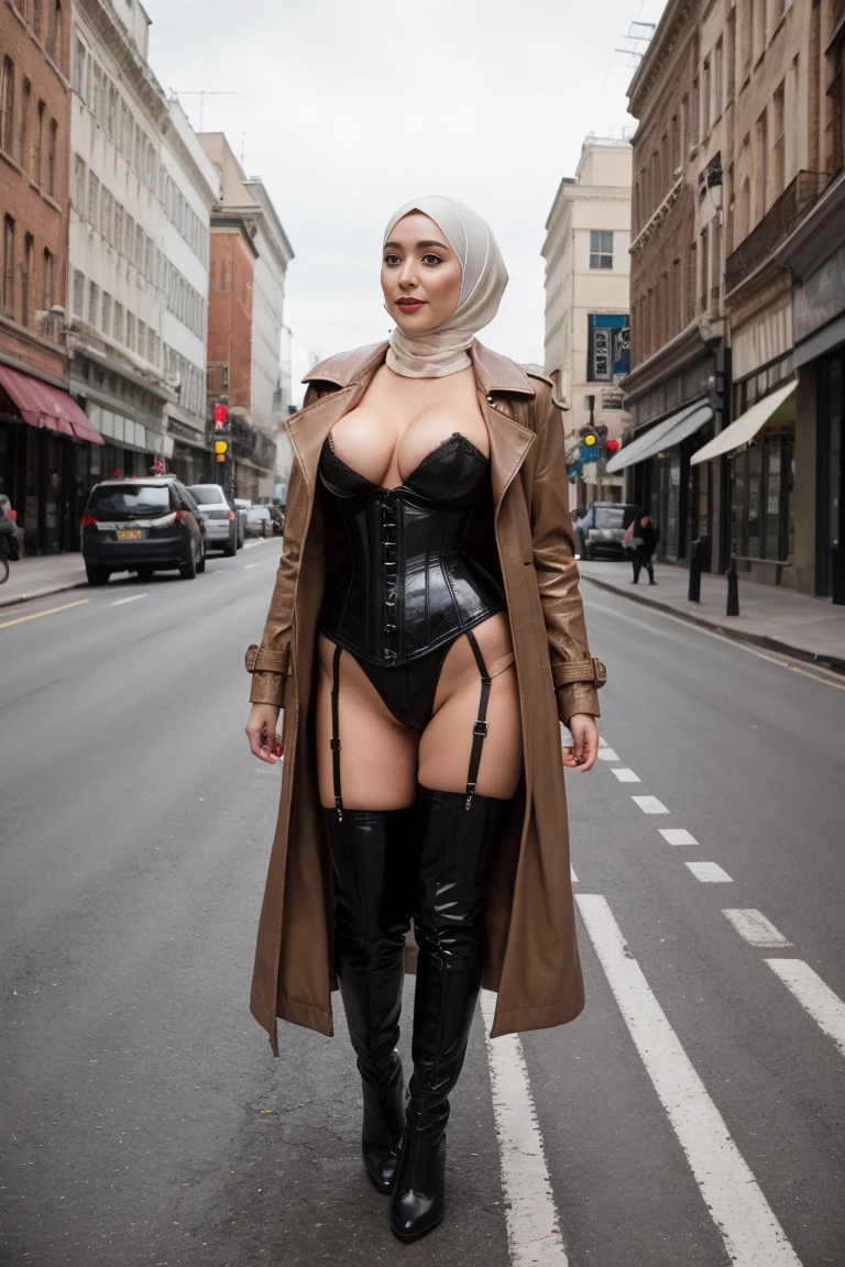 Femdom pretty hijab girl with huge breast, drssed long leather trench coat with popped collar up of coat , latex corset , overknee boots, elegant pose in road, holding a whip