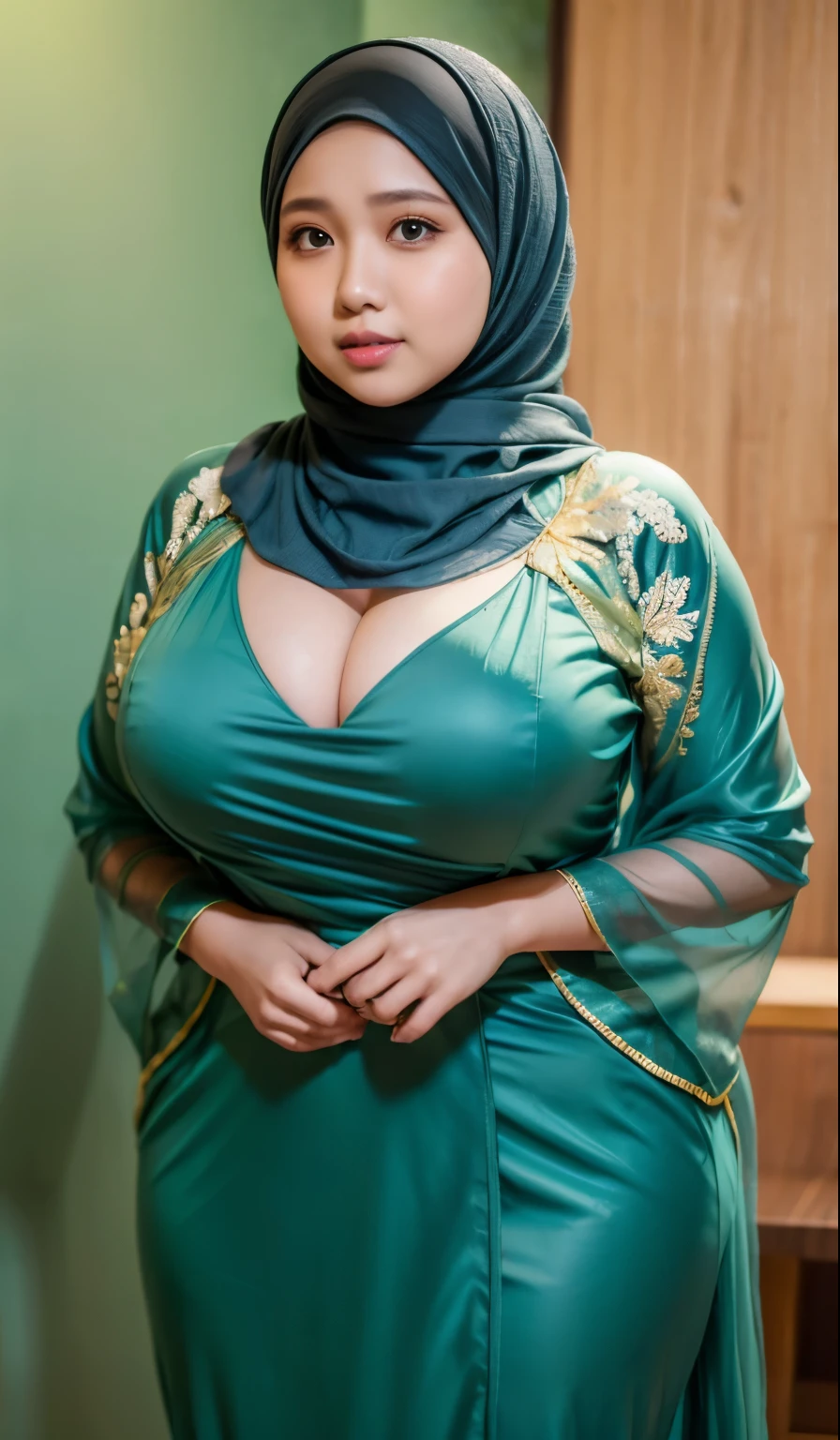 1 malay girl, modern plain hijab, shy, medium portrait, watery eyes, wearing pastel green kebaya, ((big breasts)), black bokeh background, well-proportioned body,, chubby massive thighs, full body pose