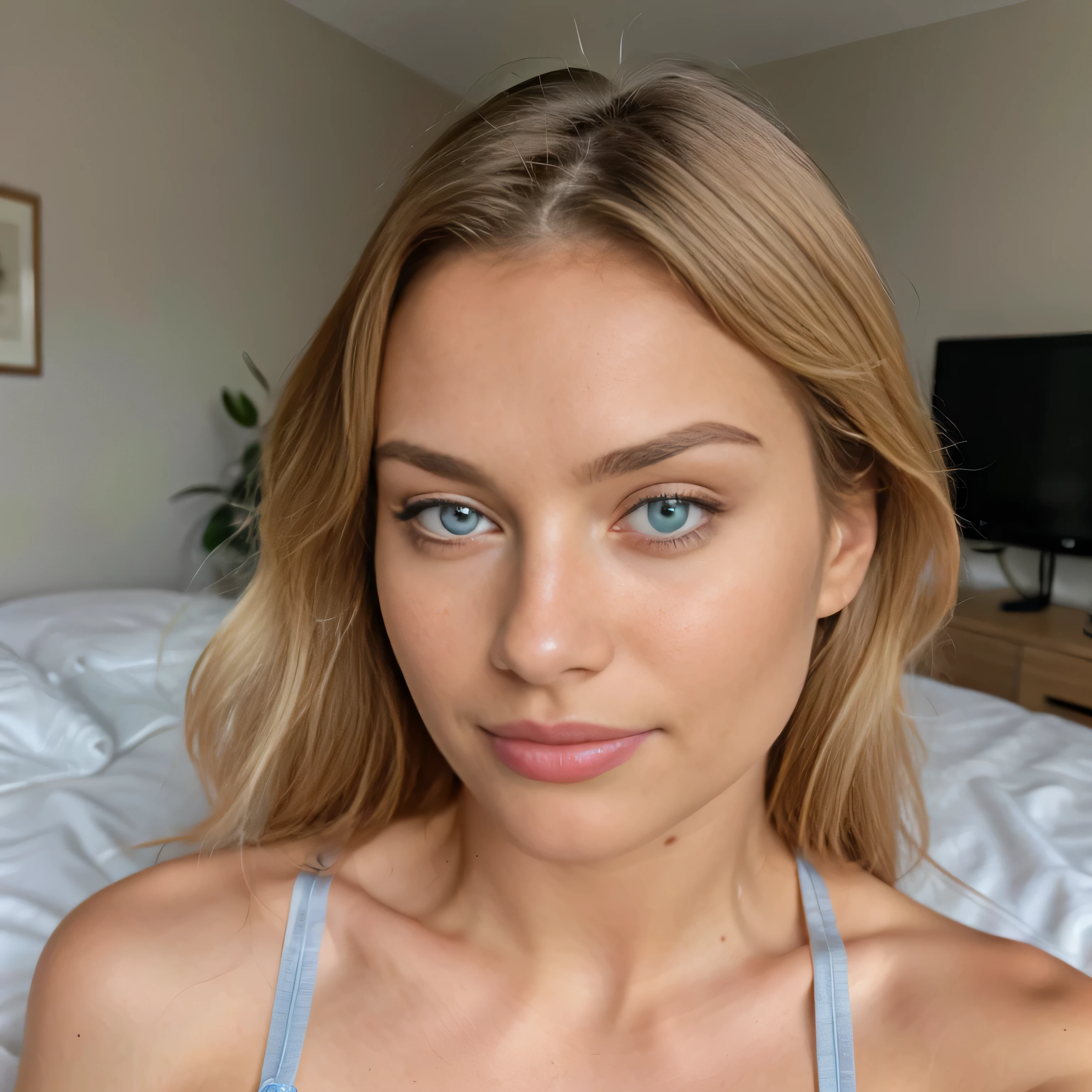 beautiful italian blonde topless with lingerie pantie on bed, very detailed, 21 years old, innocent face, natural flowing hair, blue eyes, high resolution, masterpiece, best quality, intricate details, highly detailed, sharp focus, detailed skin, realistic skin texture, texture, detailed eyes, professional, 4k, charming smile, shot on Canon, kodak vision color, perfect fit body, extremely detailed, foto_\(ultra\), photorealistic, realistic, post-processing, maximum detail, roughness, real life, ultra realistic, photorealism, photography, 8k uhd, photography
