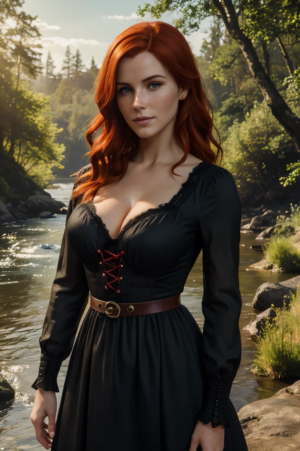 ((Triss Merigold), perfect face, perfect eyes), freckles, realistic:1.37. SHe is wearing a elegant black dress with red laces, lots of cleavage. standing, forrest, river, golden hour, sunbeam, ,lush greenery,fresh air,rays of sunlight,sparkling water, (red hair blowing in the wind).(best quality,4k,8k,highres,masterpiece:1.2),ultra-detailed,realistic:1.37, HDR, UHD, vivd colors, professional,landscape.