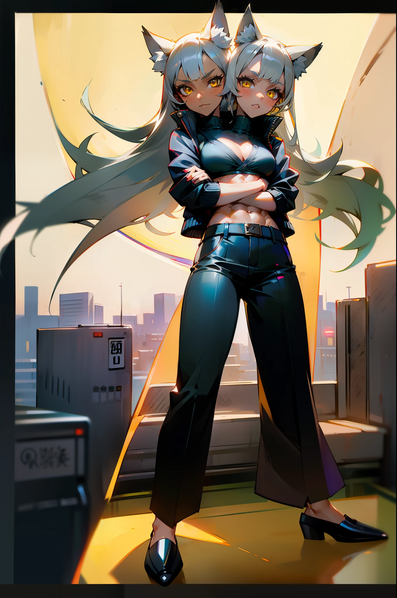 1girl, mature woman, dark skin, yakuza girl, open jacket, small breasts, abs, sunglasses, wolf ears, wolf tail, jacket, yellow eyes, grey hair, city, (2heads:1.3), absurdres, high quality, masterpiece, beautiful background, arms crossed, dynamic pose, beautiful face, full body