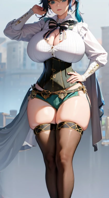 tmasterpiece,best qualtiy,1girll,(cleavage:1.5),(Top-down view),(both hands on hip:1.5),malefocus,Venti(Genshin Impact),lyre,brunette color hair,bucket-hat,ssmile,pigtails,(Superskirt:1.5),longer sleeves,Double up braid,Gradient hair,O cabelo multicolorido,music instrument,lacepantyhose,visions(Genshin Impact),the bow,shorter pants,Blue hair,green headwear,beret,White panty hose,green shorts,collared cape,By bangs,The shirt,jewely,looking at viewert,white shirt,corsage,cloaks,hermaphroditism,frilled sleeves,frilld,Big breasts corset,(big breasts corset:1.8), Short and long hair,vikini,(greybackground:1.4),(kbxll:0.6), big breasts, large breasts, beautiful breasts, beautiful large breasts, beautiful big breasts, (beautiful large breasts:1.9), (big breasts:1.9), (huge big breasts:1.9), (large breasts:1.9), sexy, bikini,